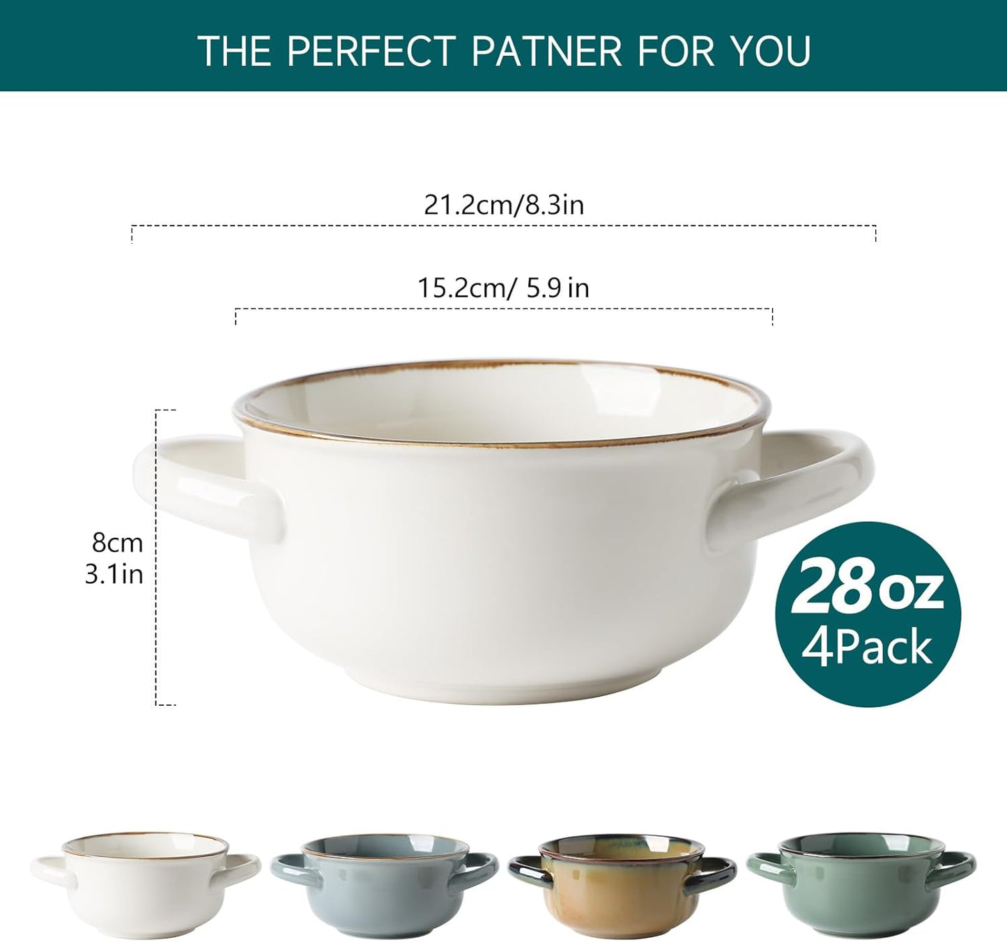 Ceramic Salad Bowl with Handles, 28 Oz French Onion Soup Bowls, Ceramic Soup Bowls for Cereal, Pasta, Chilli, Beef Stew, Stackable Serving Bowl Set of 4 (28 OZ)