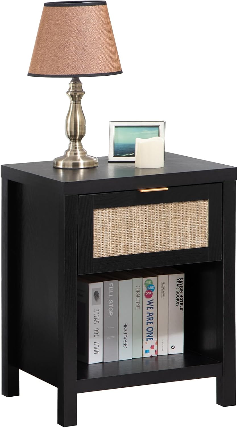 Rattan Night Stands, Farmhouse Nightstand Boho End Side Table Bedside Table with Drawer and Open Shelf for Bedroom, Light Oak