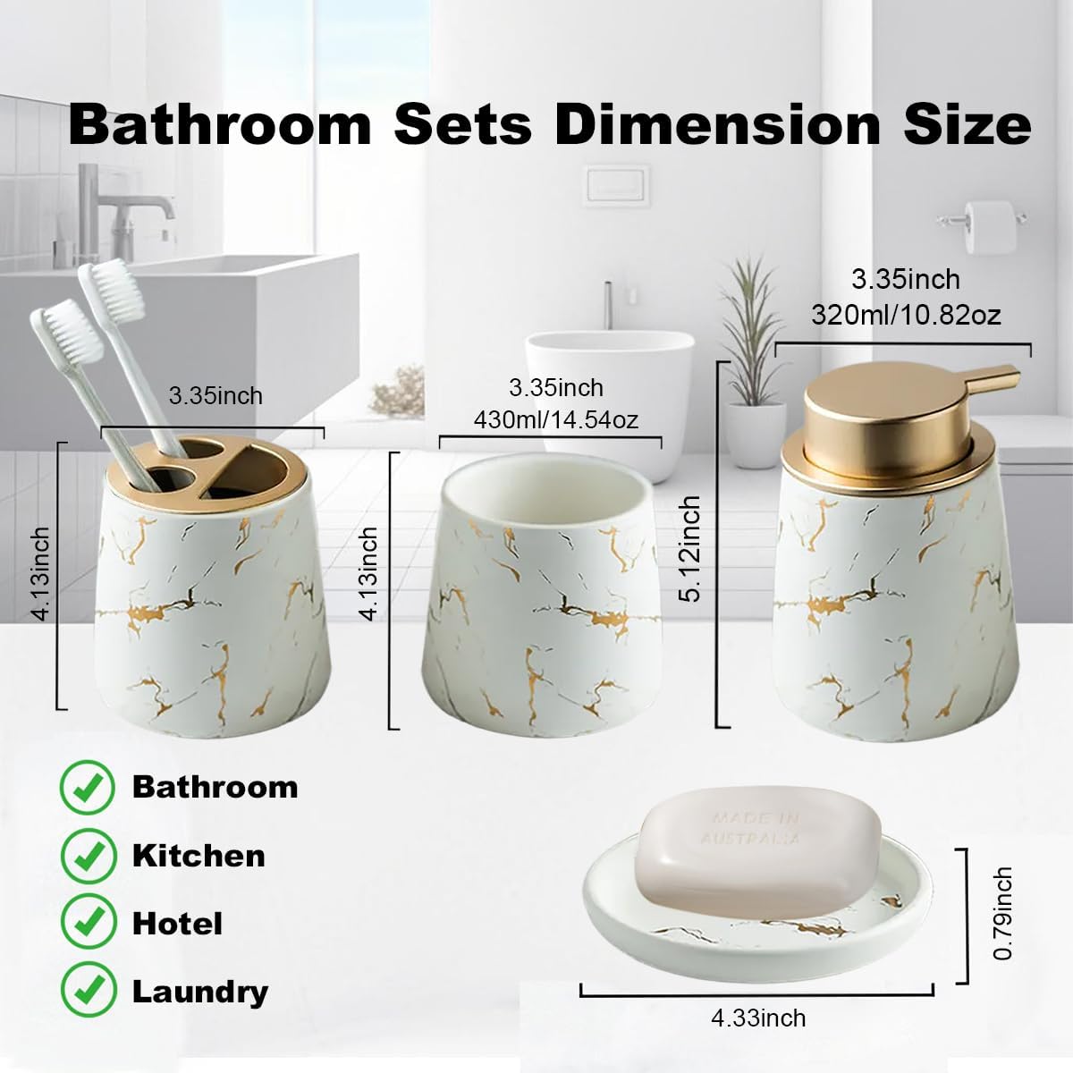 Bathroom Accessories Set Complete,4 Ceramic Marble Pattern Bathroom Sets Accessories Bath Accessories Set with Soap Dispenser, Toothbrush Holder, Tumbler, Soap Dish