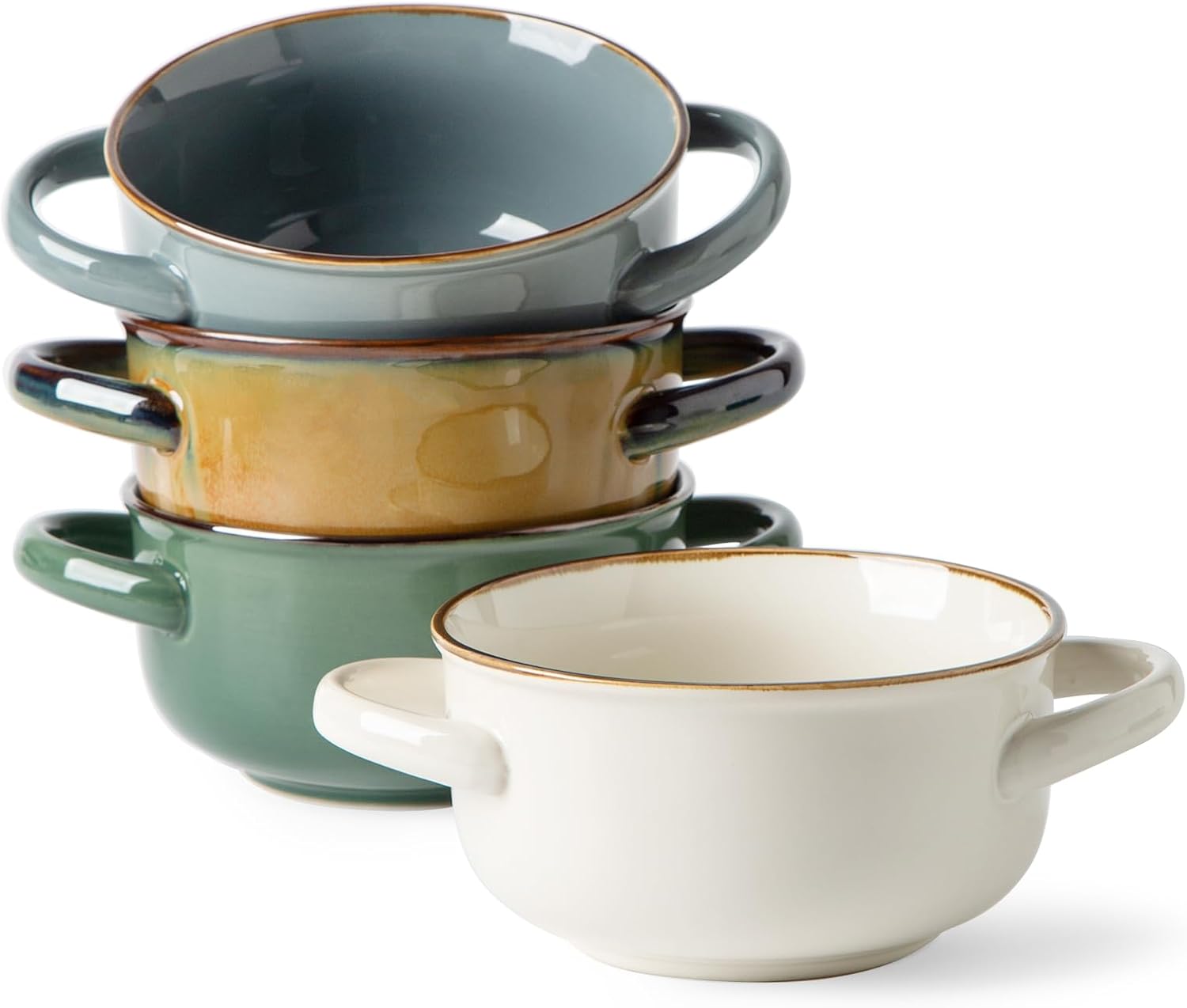 Ceramic Salad Bowl with Handles, 28 Oz French Onion Soup Bowls, Ceramic Soup Bowls for Cereal, Pasta, Chilli, Beef Stew, Stackable Serving Bowl Set of 4 (28 OZ)