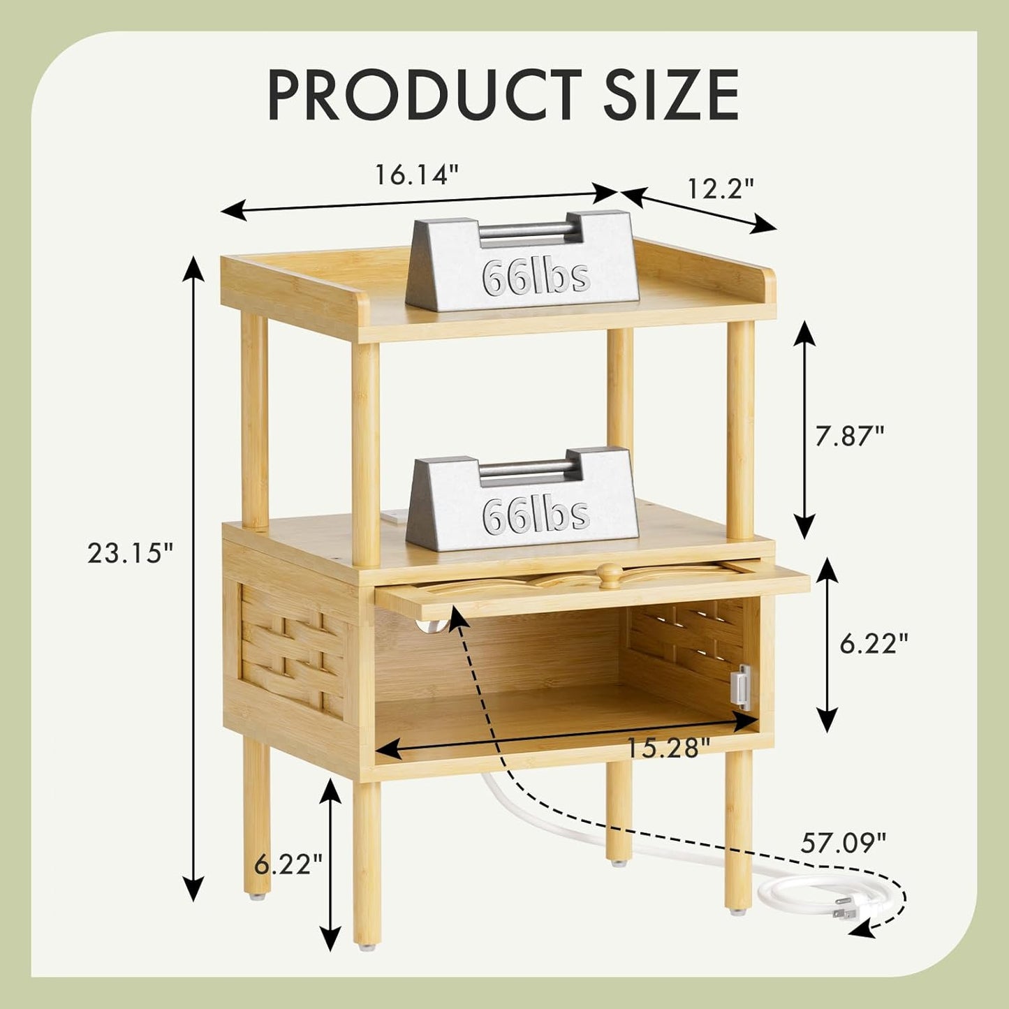 Bamboo Nightstand with Charging Station, Bedside Table with USB Ports & Outlets, End Table, Night Stand for Bedroom Lift-Up Drawer & Open Shelf, Natural Color
