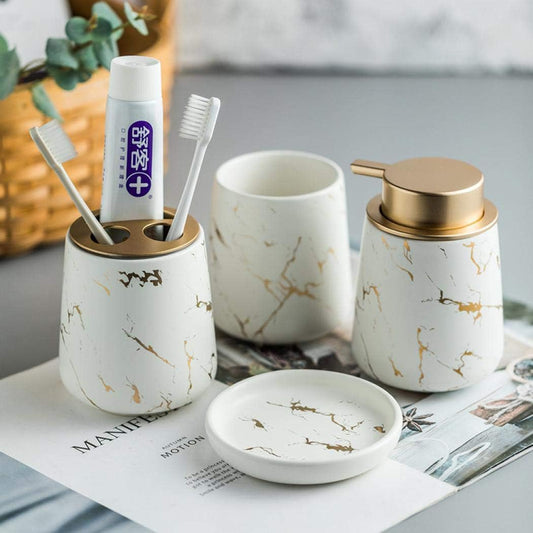 Bathroom Accessories Set Complete,4 Ceramic Marble Pattern Bathroom Sets Accessories Bath Accessories Set with Soap Dispenser, Toothbrush Holder, Tumbler, Soap Dish