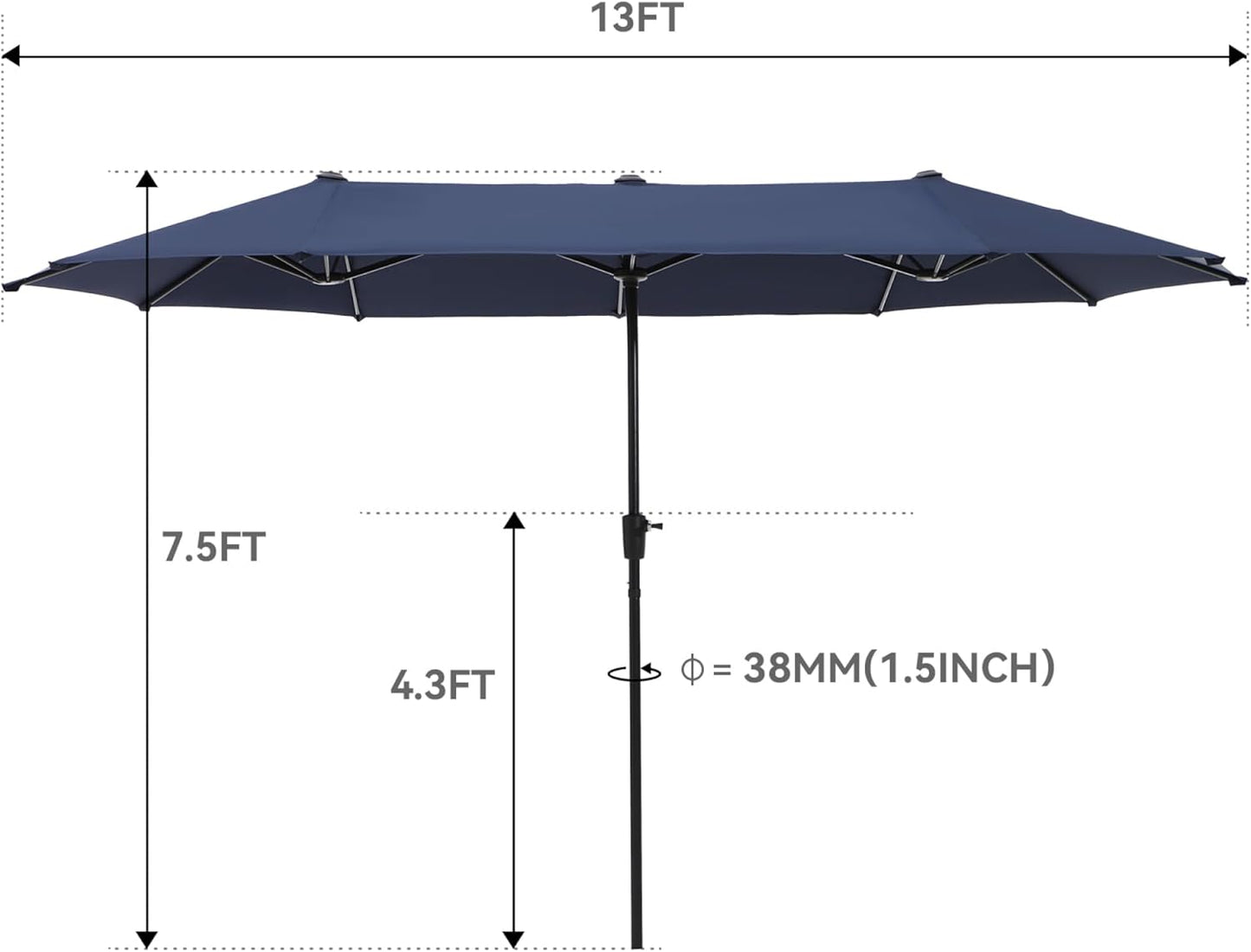 13Ft Rectangle Patio Umbrella, Double Sided Outdoor Table Umbrella with Crank & 1.5" Pole, Large Market Umbrella for Poolside Garden Deck Backyard, Navy Blue