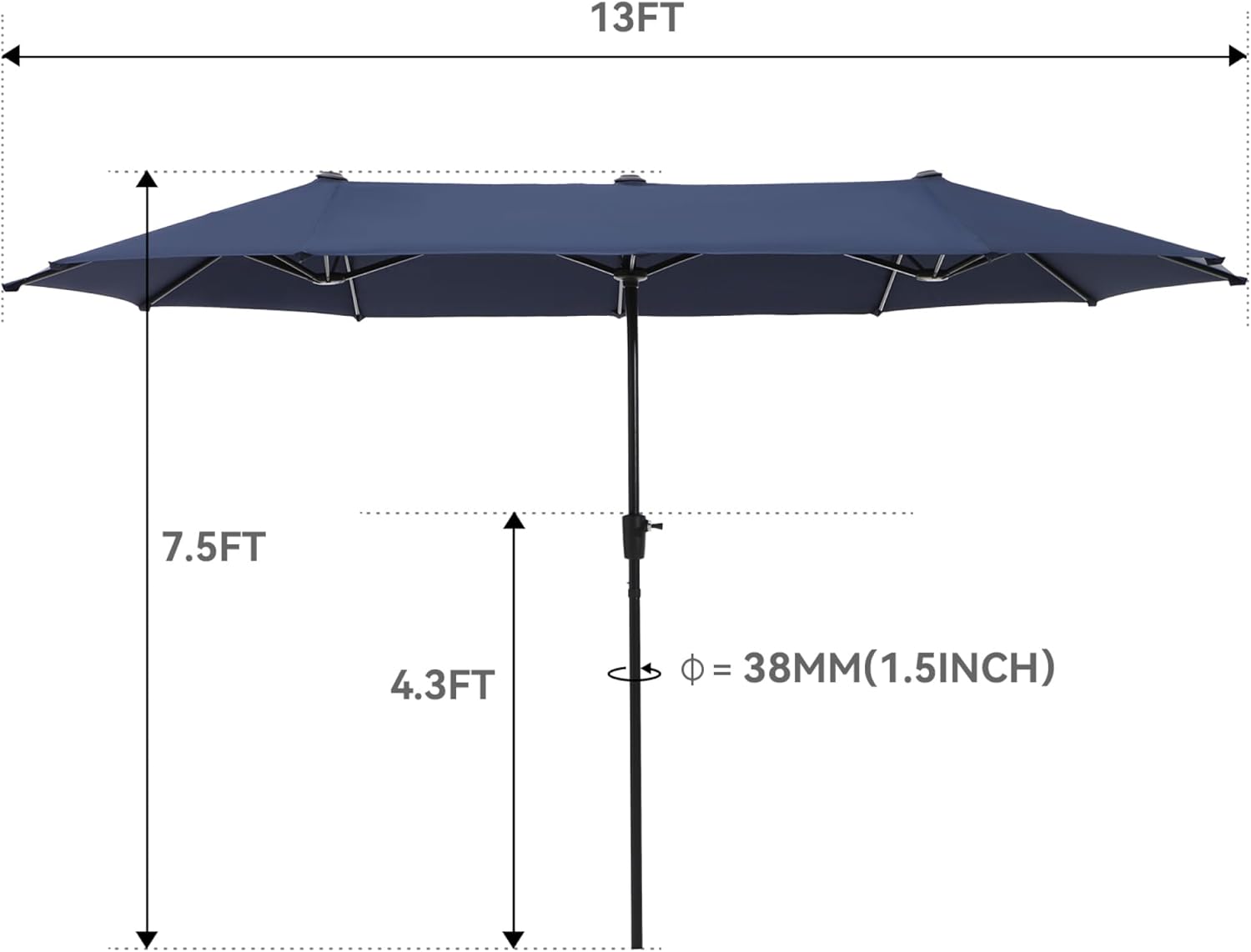 13Ft Rectangle Patio Umbrella, Double Sided Outdoor Table Umbrella with Crank & 1.5" Pole, Large Market Umbrella for Poolside Garden Deck Backyard, Navy Blue