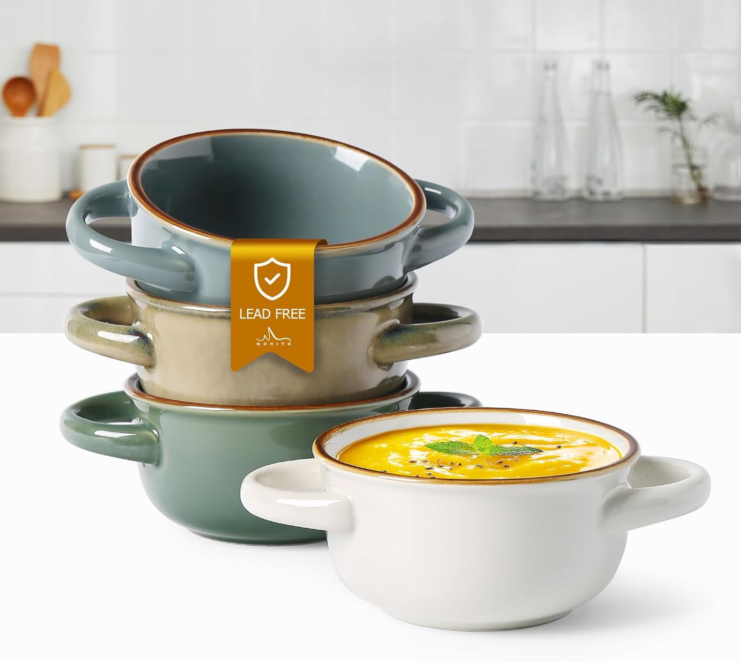 Ceramic Salad Bowl with Handles, 28 Oz French Onion Soup Bowls, Ceramic Soup Bowls for Cereal, Pasta, Chilli, Beef Stew, Stackable Serving Bowl Set of 4 (28 OZ)