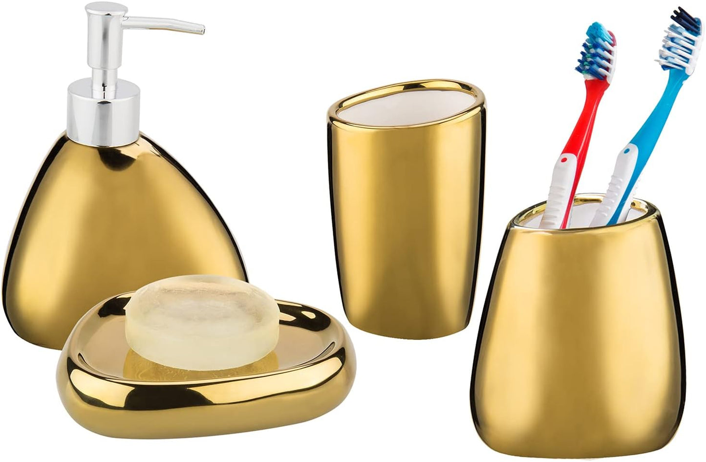 4 Pc Complete Set Modern Ceramic Gold Bathroom Accessories Set with Soap Dispenser, Tumbler, Toothbrush Holder and Soap Dish, Bathroom Organizer Accessory for Modern Home Decor