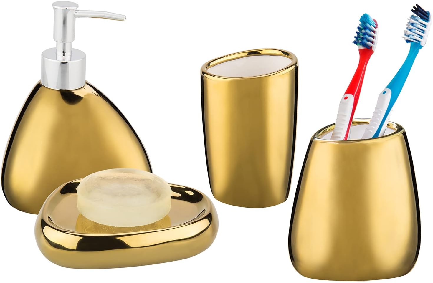4 Pc Complete Set Modern Ceramic Gold Bathroom Accessories Set with Soap Dispenser, Tumbler, Toothbrush Holder and Soap Dish, Bathroom Organizer Accessory for Modern Home Decor