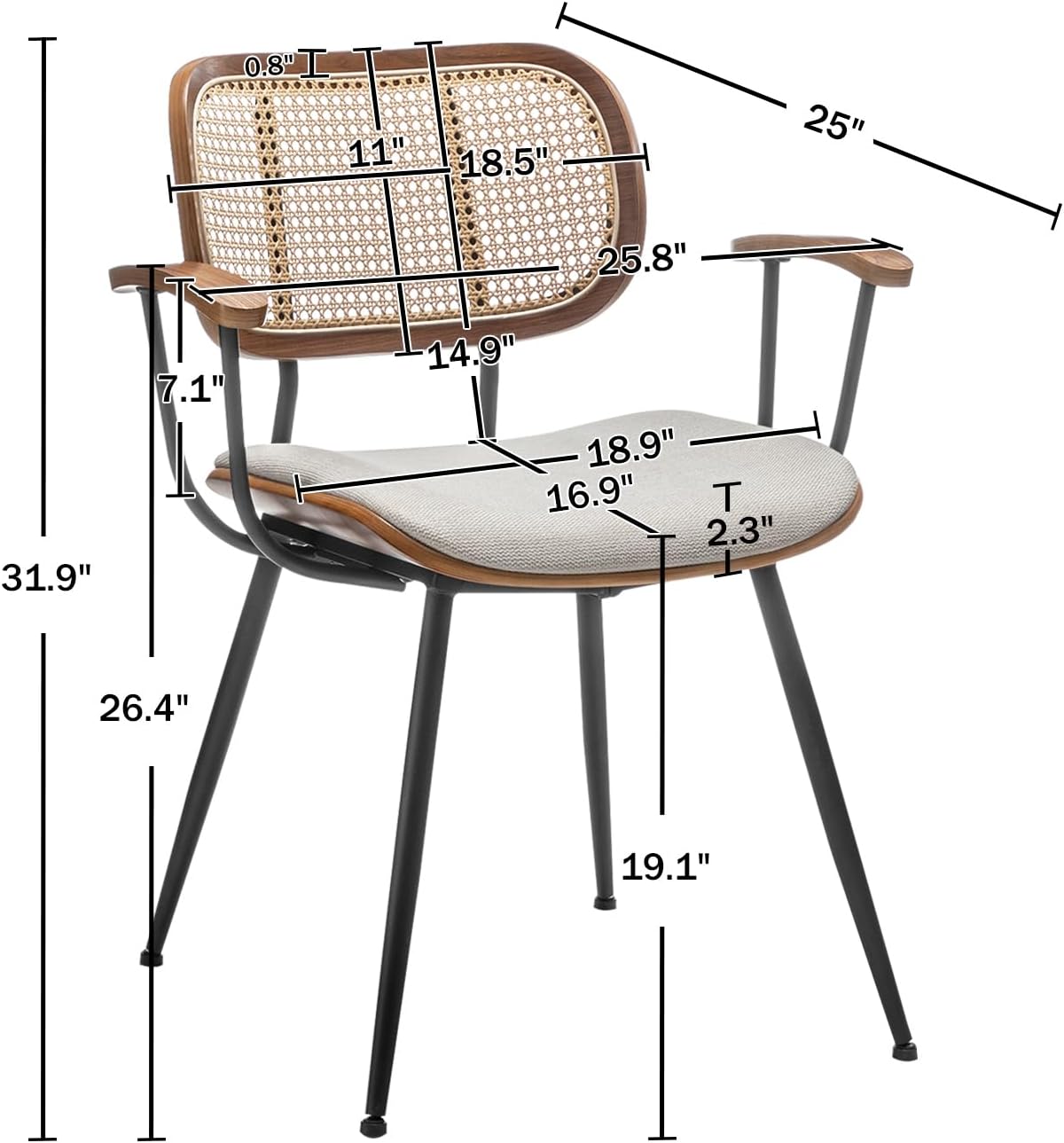 Rattan Dining Chairs Set of 2, Mid Century Modern Kitchen Side Chair, Metal Legs Desk Chair, Linen Fabric Accent Chair with Arms and Rattan Backrest, Beige