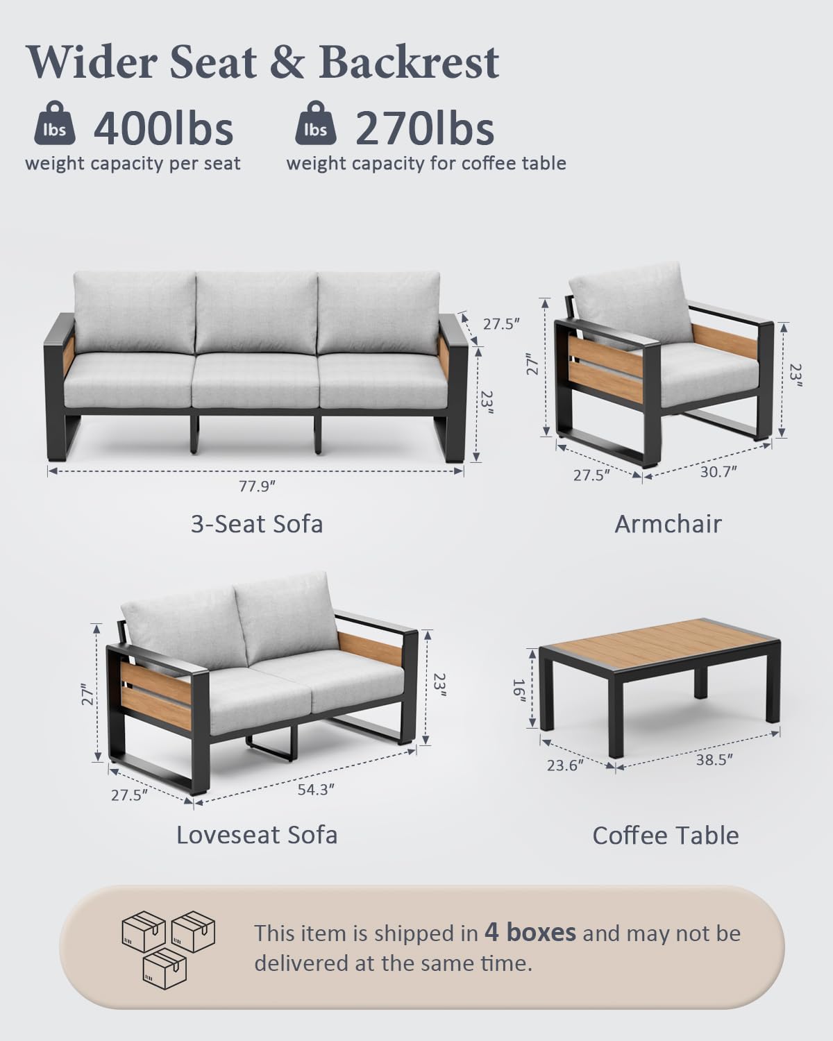 Aluminum Outdoor Patio Furniture Set, 5-Piece Metal Modern outside Sectional Conversation Lawn Furniture with Coffee Table & Washable Thick Cushions,Seating Sofa for Garden/Backyard/Porch Grey