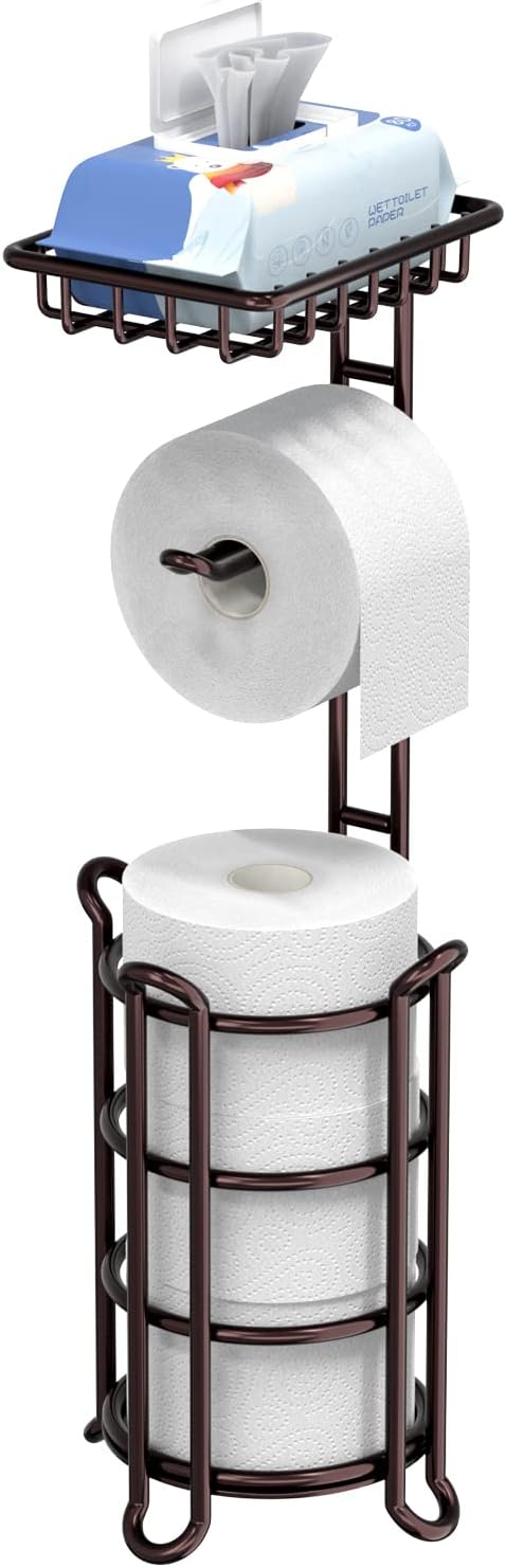Toilet Paper Holder Stand Bathroom Tissue Dispenser Holders Rack Free Standing with Extra Shelf Storage Mega Rolls/Phone/Wipe - Silver