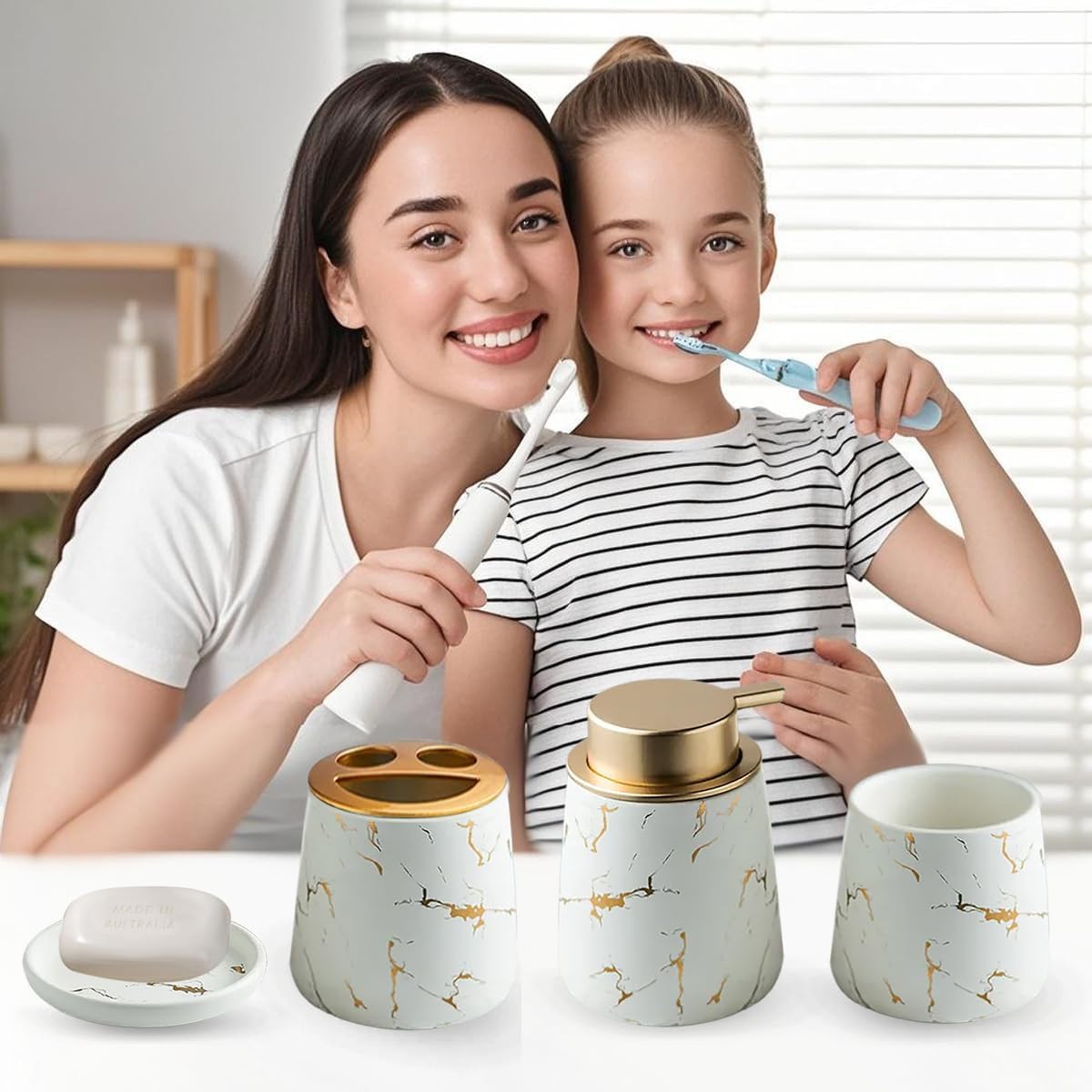 Bathroom Accessories Set Complete,4 Ceramic Marble Pattern Bathroom Sets Accessories Bath Accessories Set with Soap Dispenser, Toothbrush Holder, Tumbler, Soap Dish