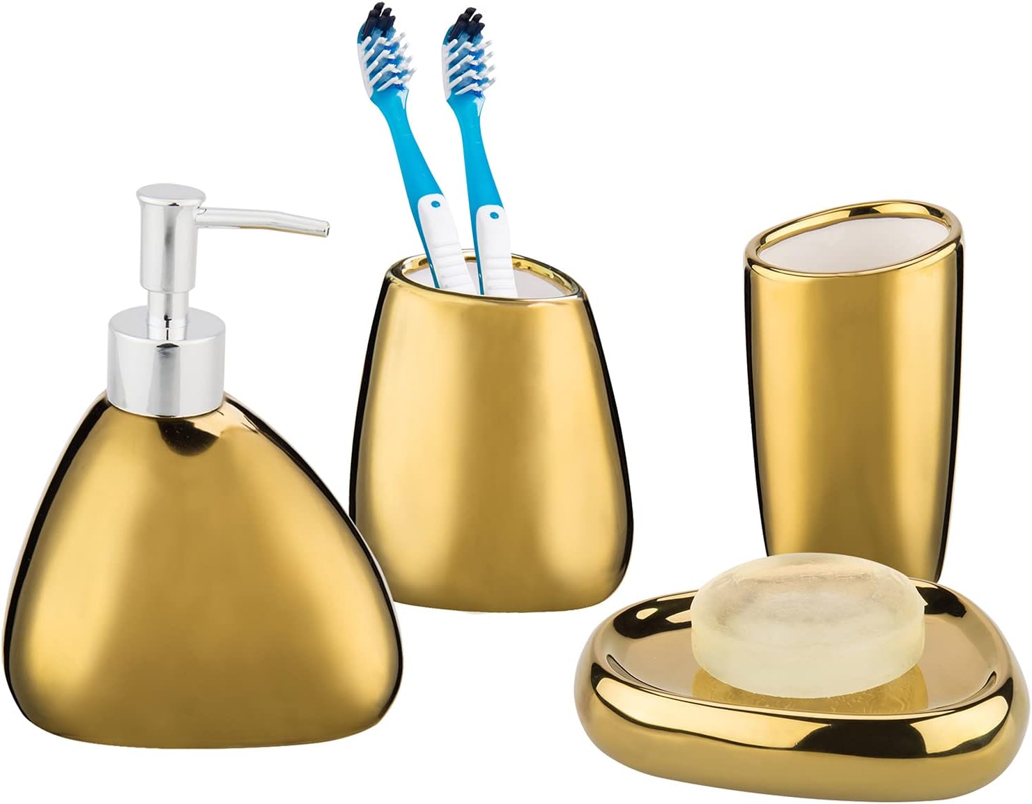 4 Pc Complete Set Modern Ceramic Gold Bathroom Accessories Set with Soap Dispenser, Tumbler, Toothbrush Holder and Soap Dish, Bathroom Organizer Accessory for Modern Home Decor
