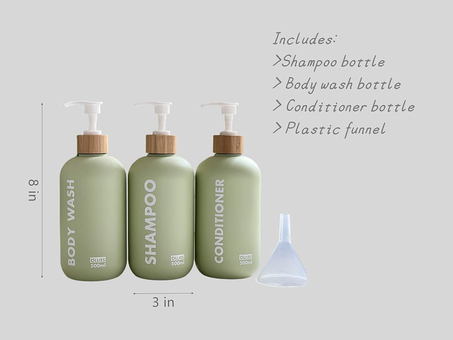 Shampoo and Conditioner Dispenser, Shower Soap Dispenser for Bathroom-Set of 3 with Permanent Stylish Label-17Oz, 500Ml Refillable Shampoo and Conditioner Bottles Green
