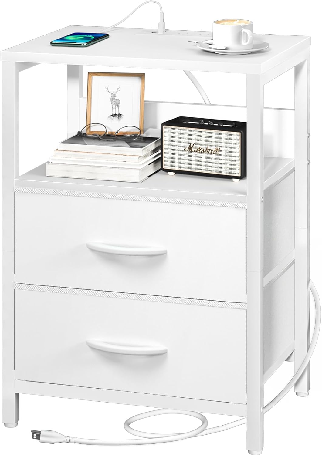 Nightstand with Charging Station, Small Night Stand with Fabric Drawers and Storage Shelf for Bedrooms, Small Spaces, Bedside Table with USB Ports & Outlets