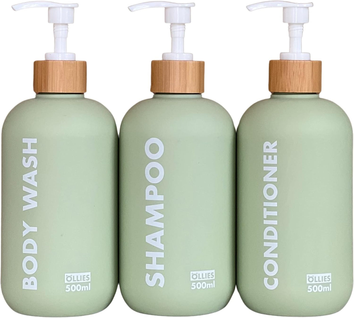 Shampoo and Conditioner Dispenser, Shower Soap Dispenser for Bathroom-Set of 3 with Permanent Stylish Label-17Oz, 500Ml Refillable Shampoo and Conditioner Bottles Green