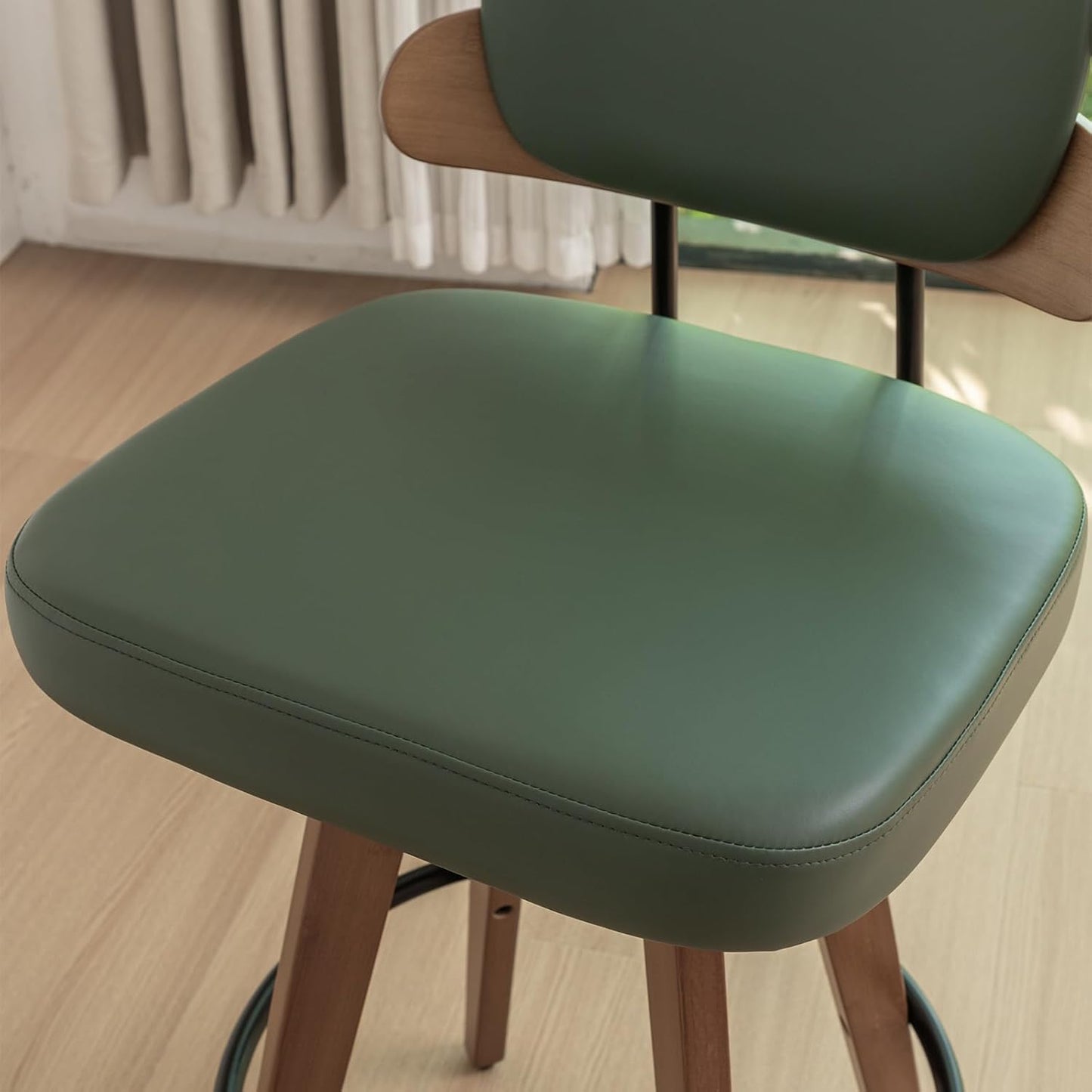 Set of 2 Counter Height Bar Stools - 26.4 Inch Swivel Stools with Walnut Craft, Faux Leather Upholstered Seat, Backs for Island/Kitchen (Walnut Green)