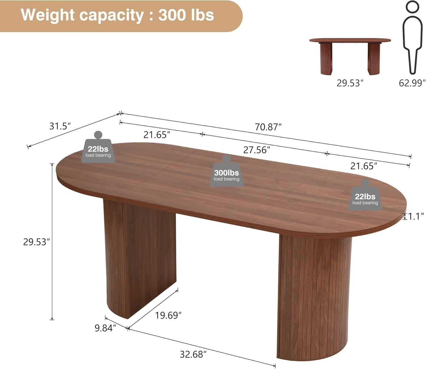 70.8 Inch Dining Table for 4-6 People, Oval Kitchen Table with Semi-Cylindrical Legs Base, Modern Farmhouse round Dinner Tables for Dining Room Kitchen Living Room (Walnut)