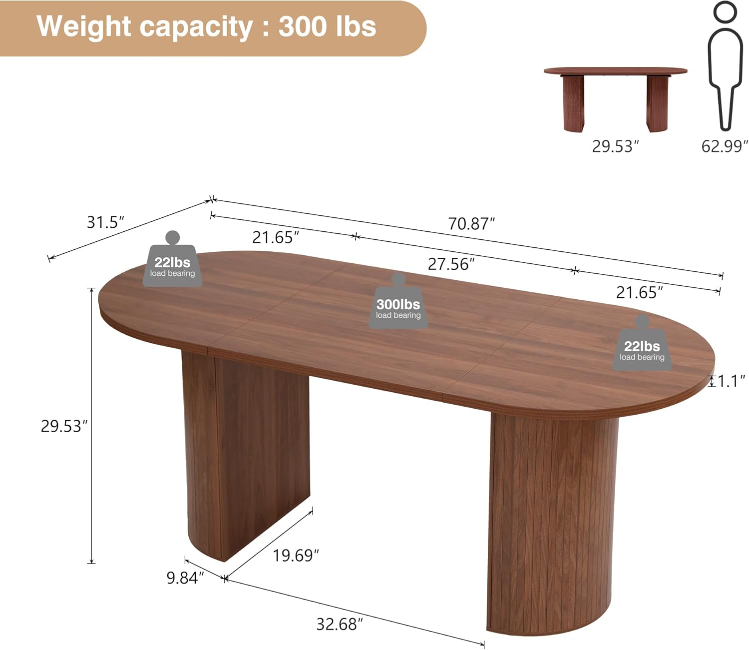 70.8 Inch Dining Table for 4-6 People, Oval Kitchen Table with Semi-Cylindrical Legs Base, Modern Farmhouse round Dinner Tables for Dining Room Kitchen Living Room (Walnut)