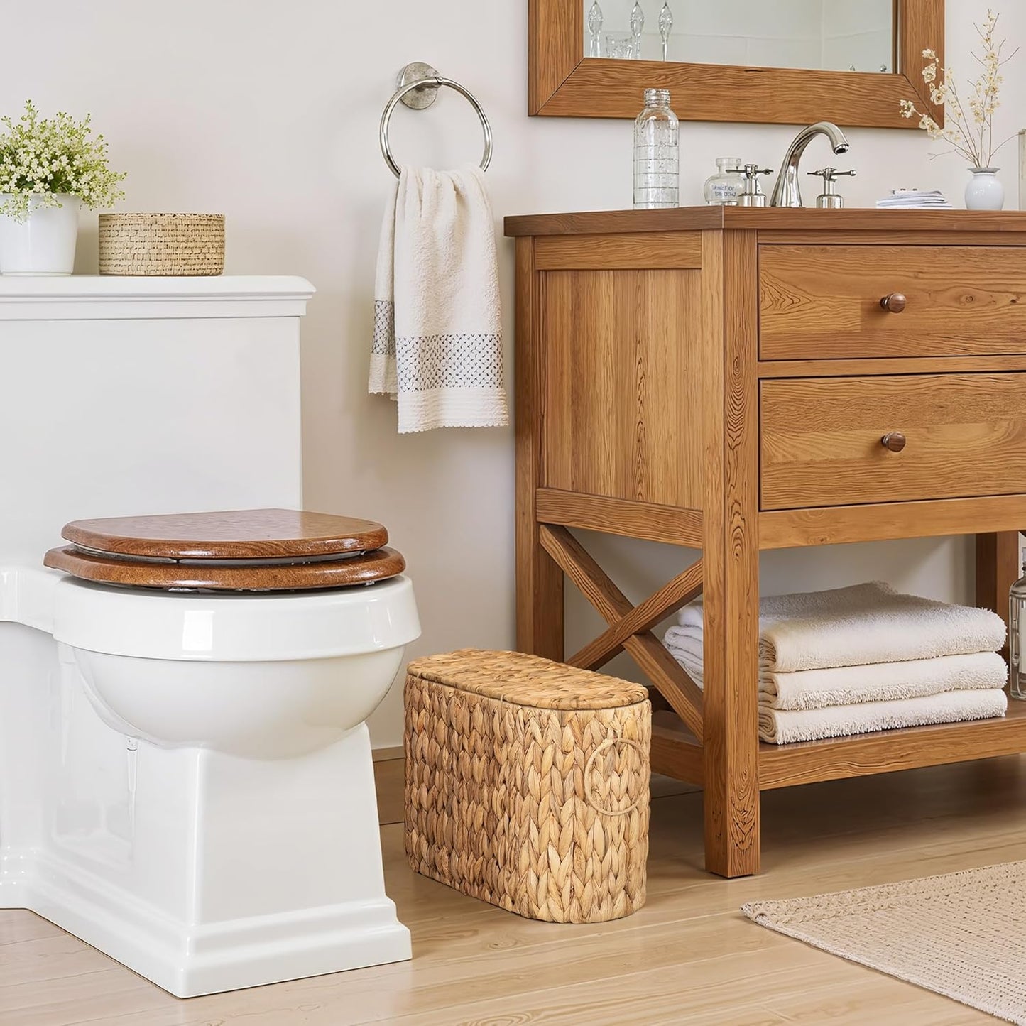 Toilet Paper Storage with Lid, Toilet Paper Storage Holder for 6 Regular Rolls, Wicker Basket for Bathroom, Natural Water Hyacinth