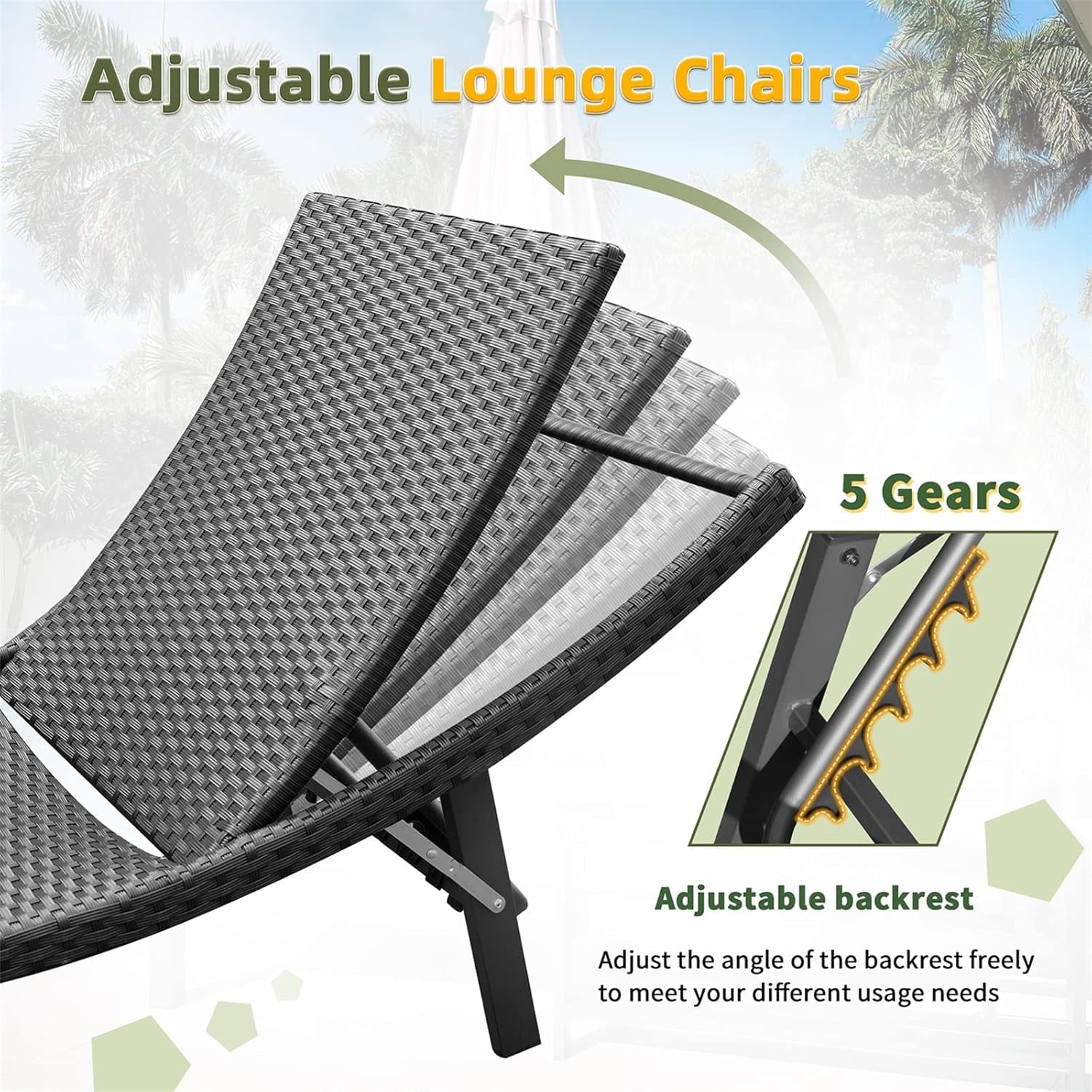 Lounge Chairs for outside 3 Pieces Patio Adjustable Chaise Lounge Outdoor Wicker Lounge Chairs Set of 2 with Table Folding Chaise Lounger for Poolside, Deck, Lawn (Beige)