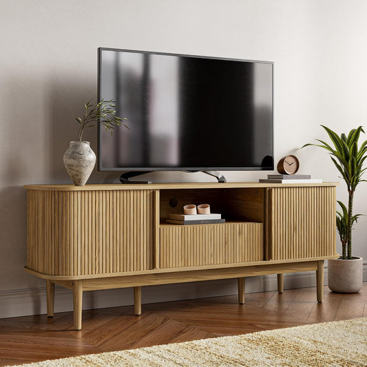 Modern TV Stand for 45/55/70 Inch TV, Entertainment Center with Sliding Doors and Storage, Wood TV Stand for Bedroom, Living Room, Natural