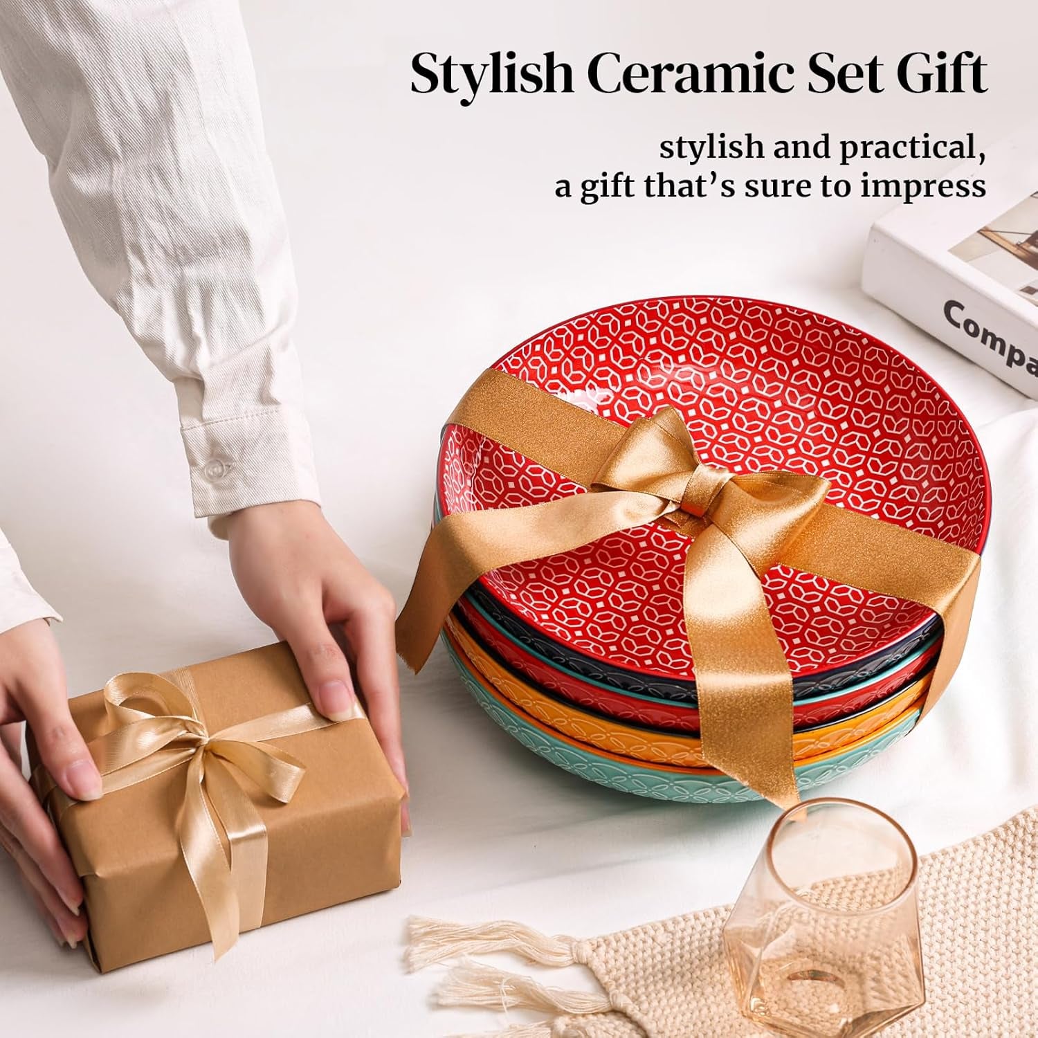 10" Vibrant Pasta, Salad & Soup Serving Bowls Set of 4, Embossed Large Porcelain Ceramic, Microwave & Dishwasher Safe, Bonita Design Dinnerware Dishes for Daily Dining, Family Gatherings, Party