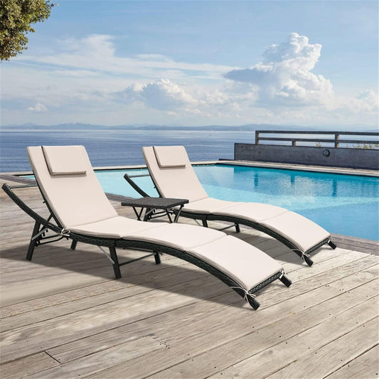 Lounge Chairs for outside 3 Pieces Patio Adjustable Chaise Lounge Outdoor Wicker Lounge Chairs Set of 2 with Table Folding Chaise Lounger for Poolside, Deck, Lawn (Beige)