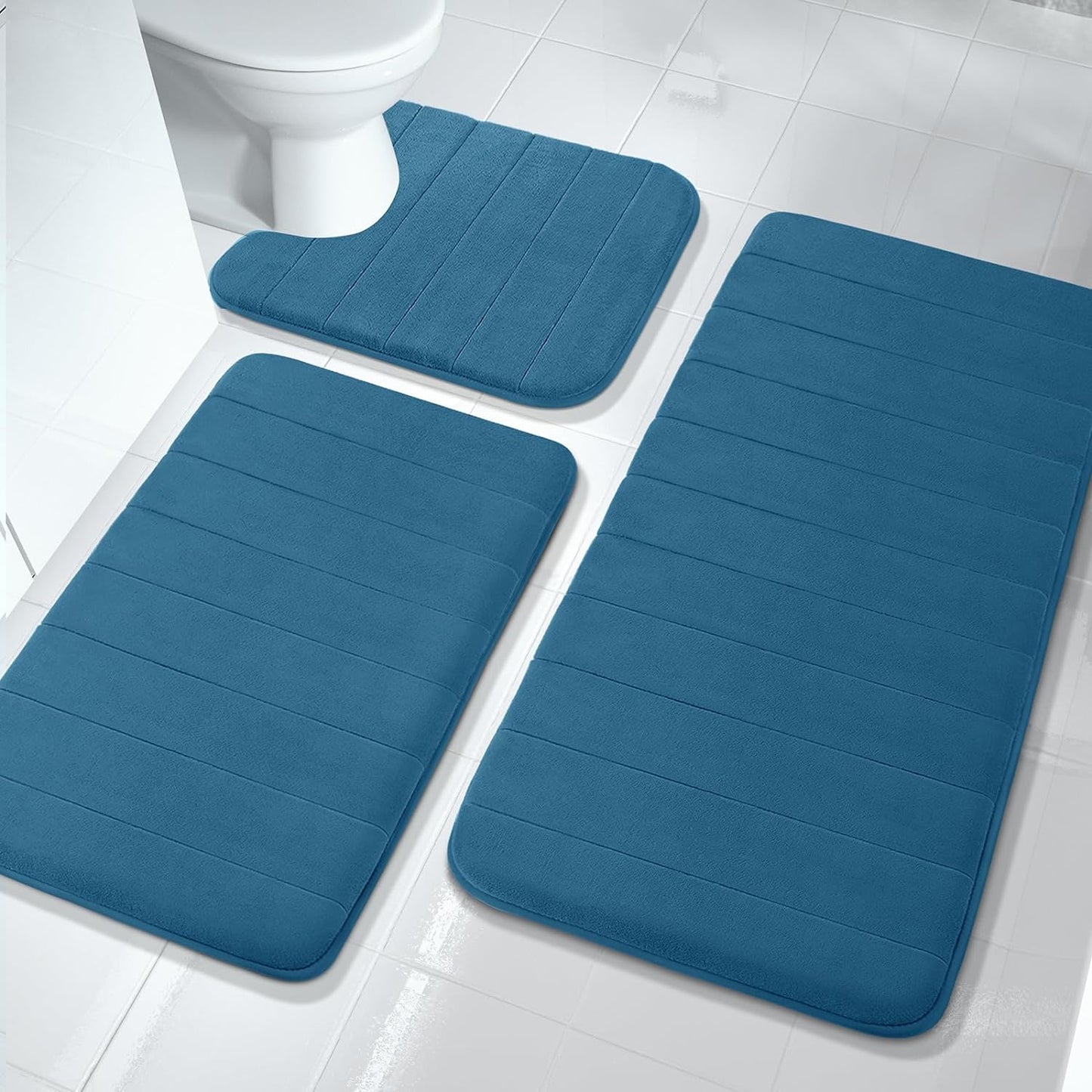 3 Pieces Memory Foam Bath Mat Set with U-Shaped Toilet Rug - Non Slip Super Soft Absorbent Quick Dry Bathroom Rugs for Bathtub, Vanity & Toilet Base, Beige