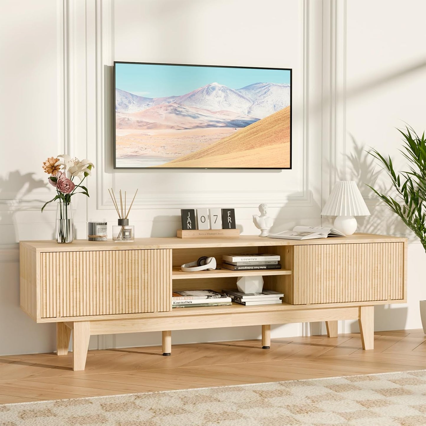 59" Mid-Century Modern TV Stand with Fluted Sliding Doors - Solid Wood Entertainment Center for 55/60/65 Inch TV, Adjustable Shelves, Boho Farmhouse Media Console for Living Room, Bedroom & Office.Oak