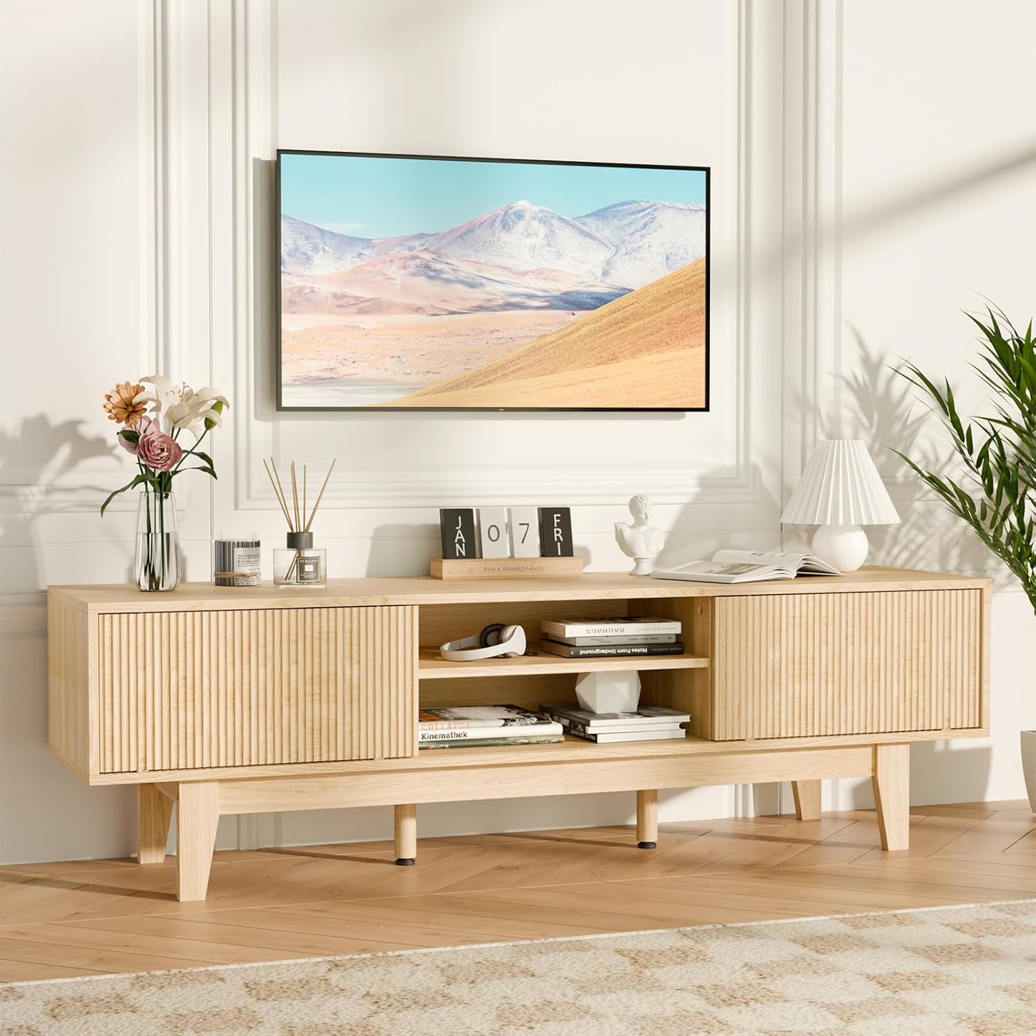 59" Mid-Century Modern TV Stand with Fluted Sliding Doors - Solid Wood Entertainment Center for 55/60/65 Inch TV, Adjustable Shelves, Boho Farmhouse Media Console for Living Room, Bedroom & Office.Oak