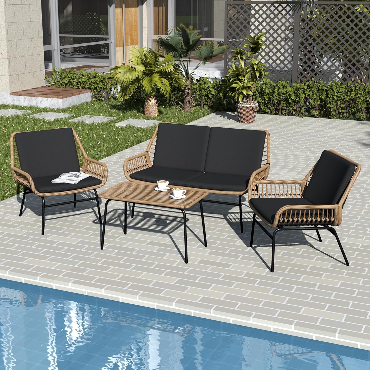3 Piece Outdoor Patio Furniture Set, Rattan Conversation Sets, All-Weather Wicker Chairs with Cushions and Coffee Table, for Garden Balcony Courtyard Poolside