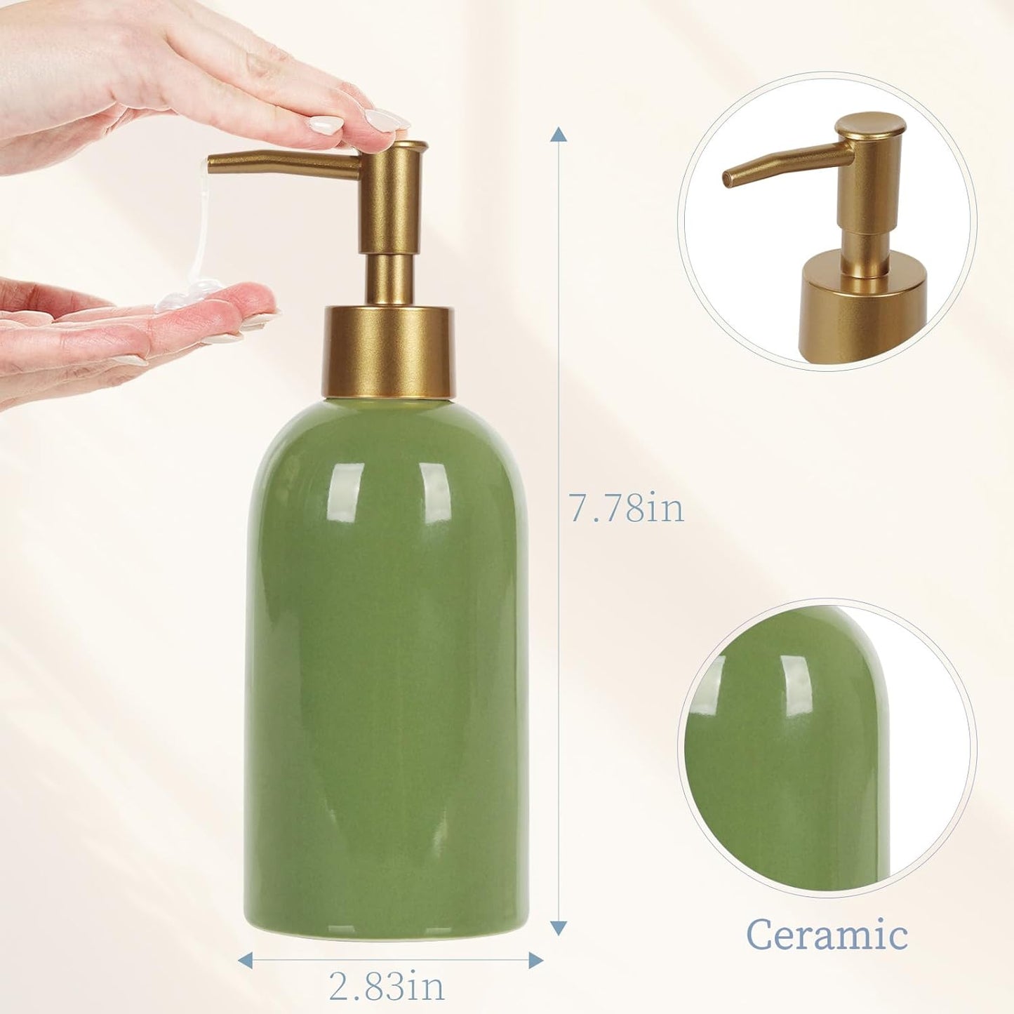 14OZ Ceramic Soap Dispenser Ceramic Soap Pump Dispenser Can Fill Liquid for Bathroom/Kitchen (Green)