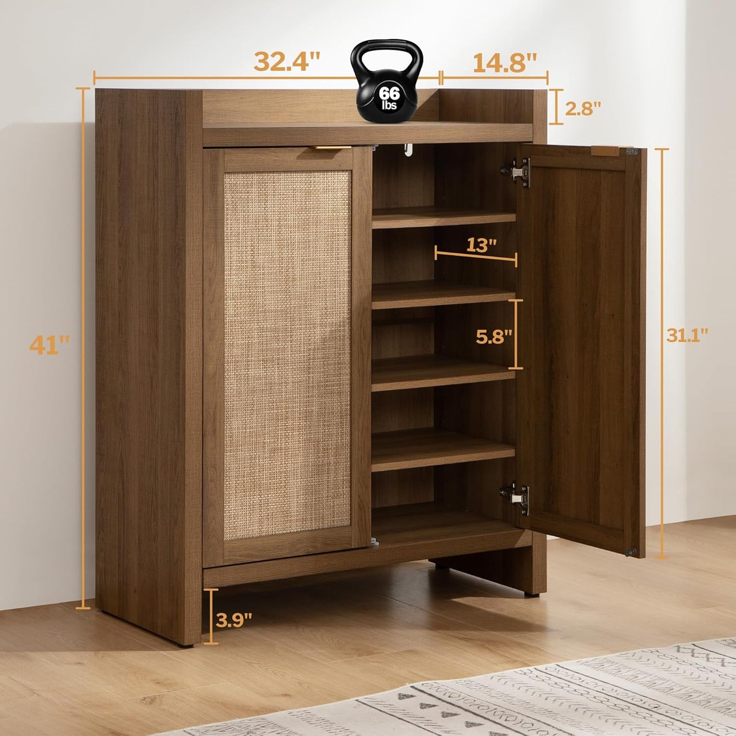 Shoe Cabinet, 24 Pair Shoe Storage Organizer Cabinet, 41" Tall Rattan Shoe Cabinet with Doors and Shelves, 6-Tier Farmhouse Boho Wooden Storage Cabinet for Entryway Hallway Closet