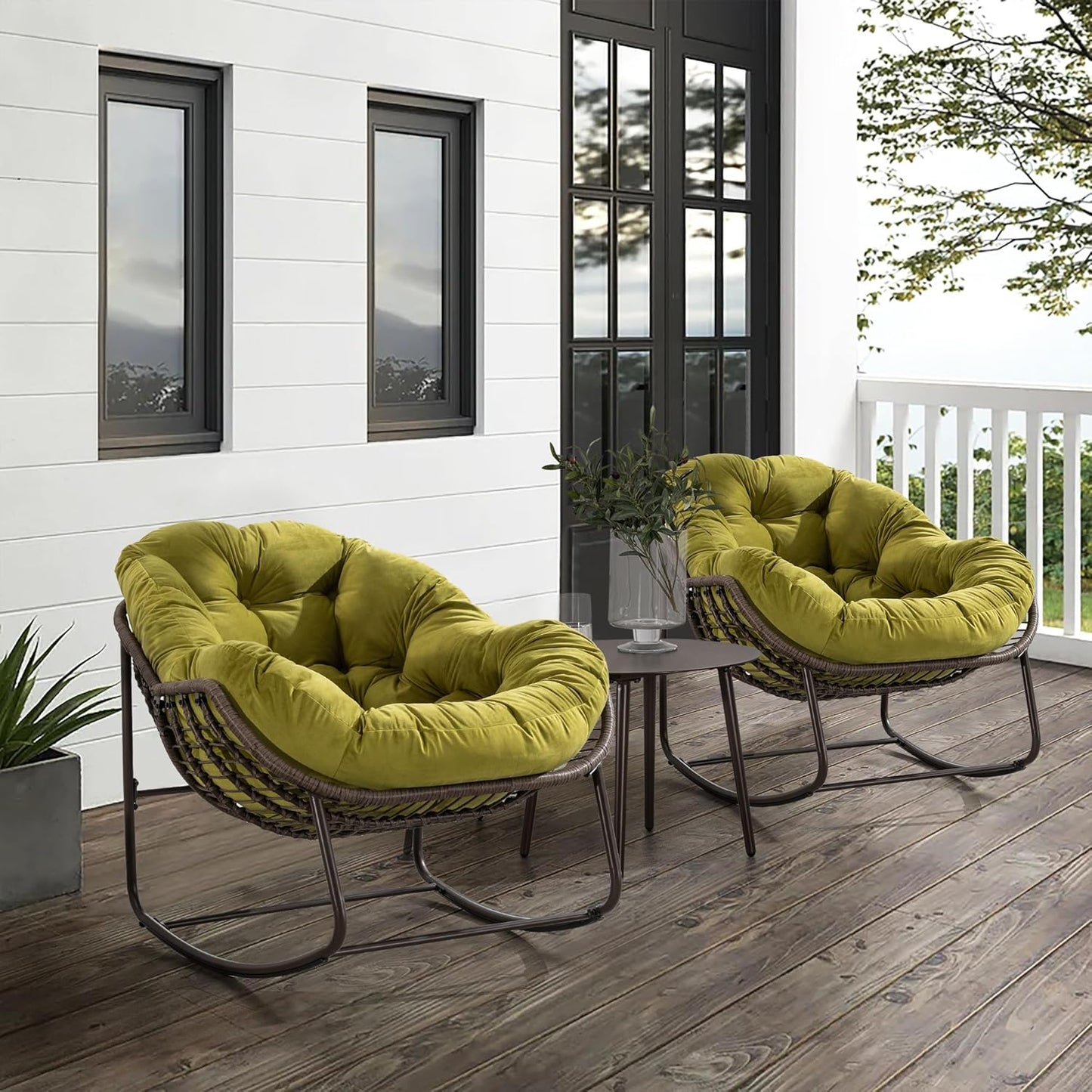 Large Indoor Outdoor Rocking Chair, Oversized Rocking Papasan Chair with Thick Cushion and Frame Outdoor Rocker, Comfy Wicker Egg Chairs Lounge for outside Porch Patio Backyard Balcony (Beige)