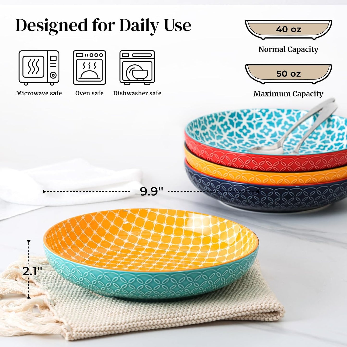 10" Vibrant Pasta, Salad & Soup Serving Bowls Set of 4, Embossed Large Porcelain Ceramic, Microwave & Dishwasher Safe, Bonita Design Dinnerware Dishes for Daily Dining, Family Gatherings, Party