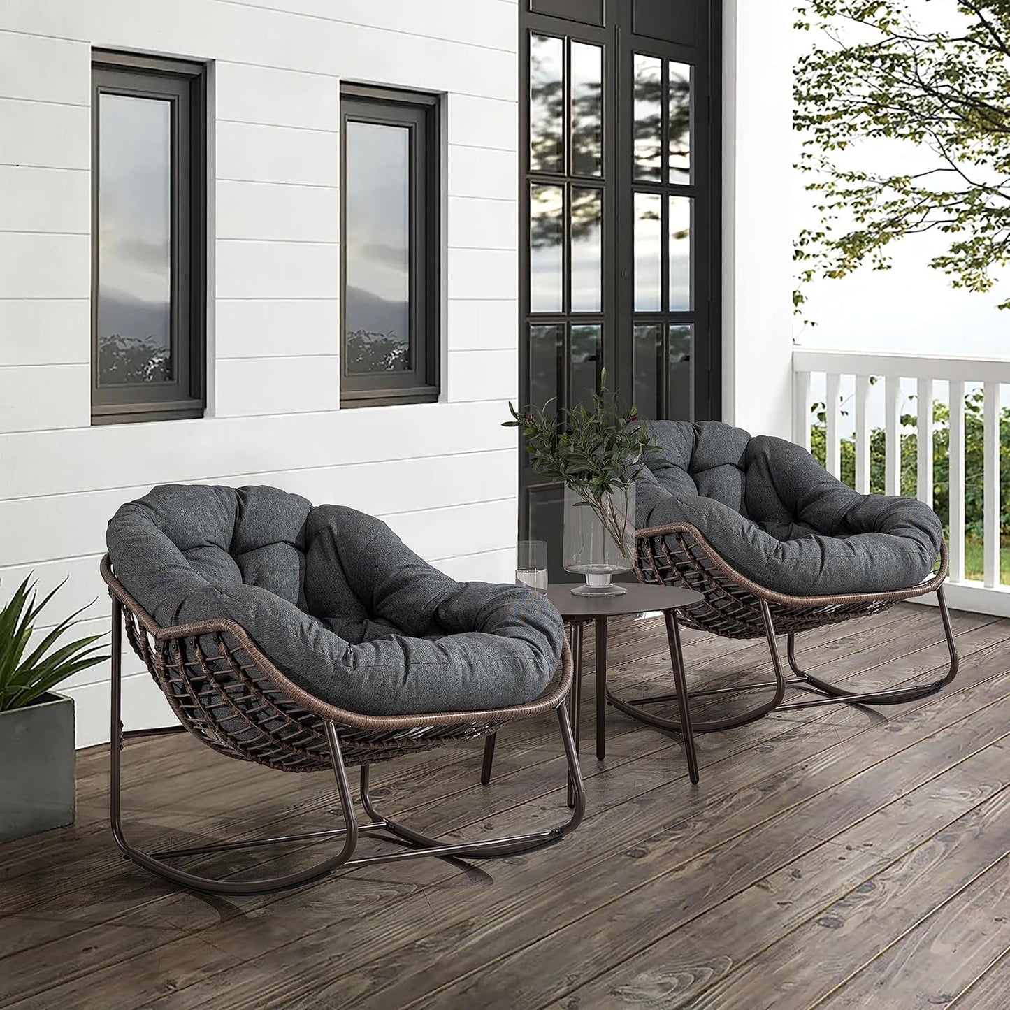 Large Indoor Outdoor Rocking Chair, Oversized Rocking Papasan Chair with Thick Cushion and Frame Outdoor Rocker, Comfy Wicker Egg Chairs Lounge for outside Porch Patio Backyard Balcony (Beige)
