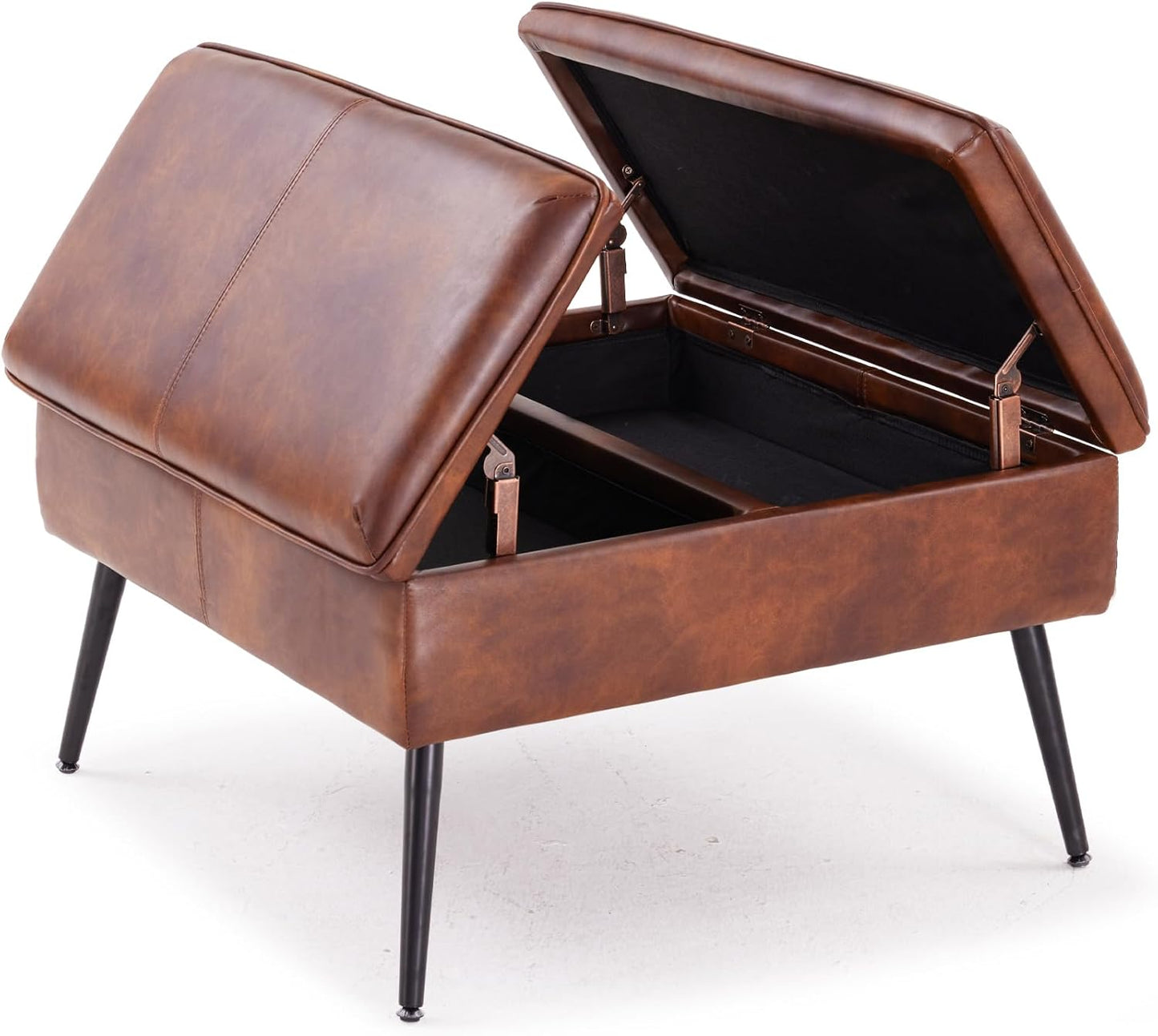 Storage Ottoman Upholstered Stool with Padded Seat, Tufted Vanity Stool with Metal Legs, Accent Stool, Faux Leather, Cognac Brown