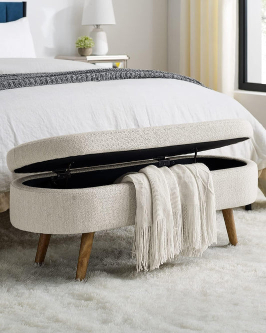 Oval Storage Bench 43.5" Linen Fabric Upholstered Entryway Bench with Solid Wood Legs Ottoman Bench Indoor Bench for Living Room/Bedroom/End of Bed/Entryway (Beige)