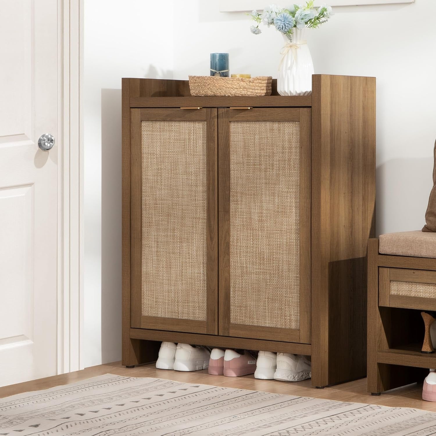 Shoe Cabinet, 24 Pair Shoe Storage Organizer Cabinet, 41" Tall Rattan Shoe Cabinet with Doors and Shelves, 6-Tier Farmhouse Boho Wooden Storage Cabinet for Entryway Hallway Closet