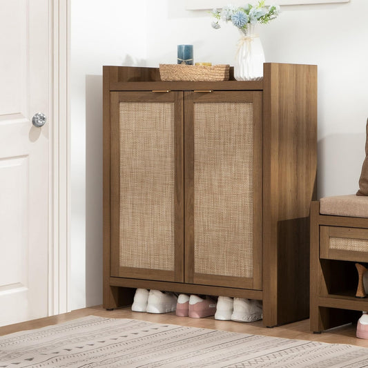 Shoe Cabinet, 24 Pair Shoe Storage Organizer Cabinet, 41" Tall Rattan Shoe Cabinet with Doors and Shelves, 6-Tier Farmhouse Boho Wooden Storage Cabinet for Entryway Hallway Closet