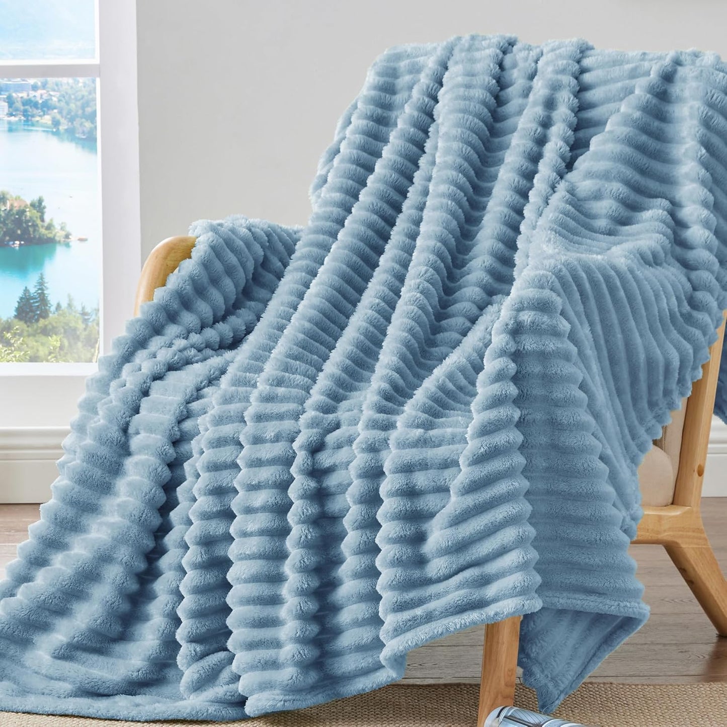 Fleece Throw Blanket for Couch - 300GSM Soft & Warm Fluffy Cream White Blanket, Decorative and Giftable Striped Blankets for Women, Men, 50"X60"