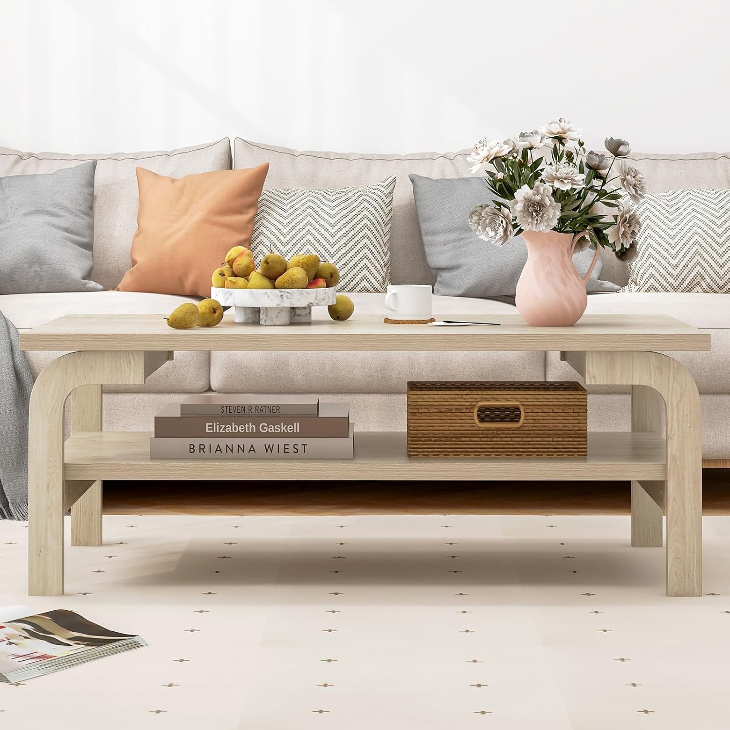 2-Tier Coffee Table with Storage, 47” Mid Century Rectangle Accent Table with Open Shelf, Large Tabletop & Curved Legs, Rustic Style Wood Cocktail, Center Table for Living Room, Natural