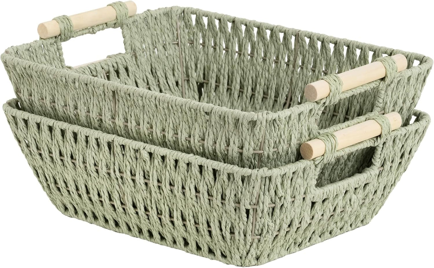 Hand-Woven Large Storage Baskets with Wooden Handles, Water Hyacinth Wicker Baskets for Organizing, 2-Pack