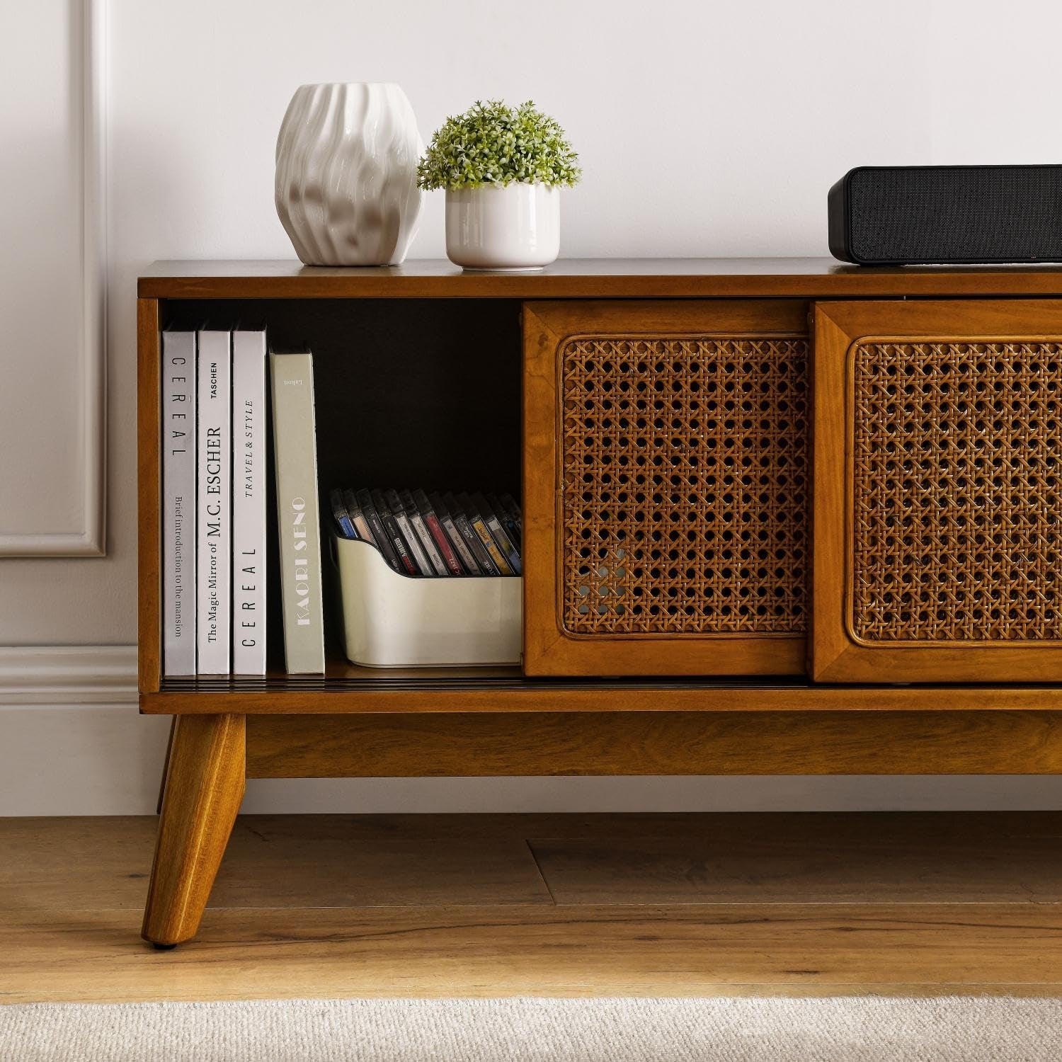 59 Inch Mid Century Modern TV Stand with Rattan Doors, Entertainment Center Media Console for 55/60/65 Inch TV, Boho/Mcm Television Stand for Living Room/Bedroom, Light Wood