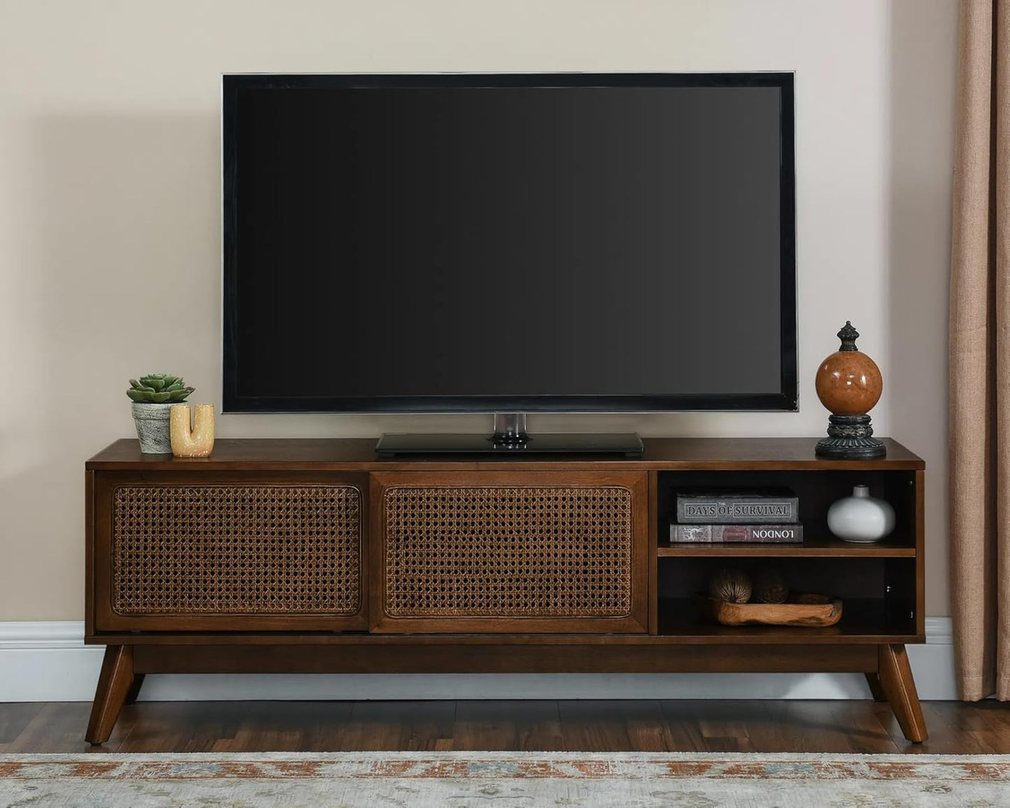 59 Inch Mid Century Modern TV Stand with Rattan Doors, Entertainment Center Media Console for 55/60/65 Inch TV, Boho/Mcm Television Stand for Living Room/Bedroom, Light Wood