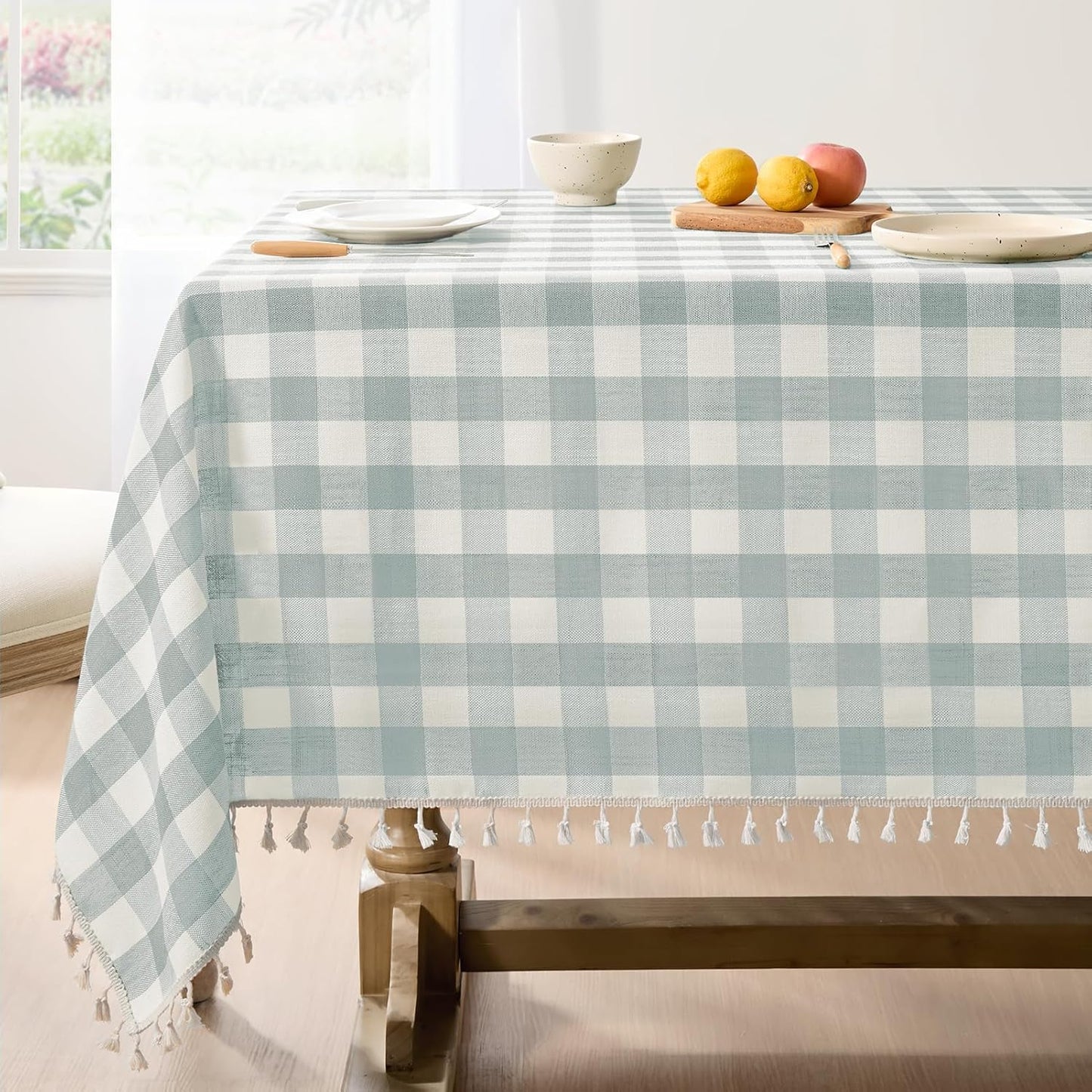 Checkered Tablecloth Rectangle, Heavy Weight Linen Gingham Christmas Table Cloth with Tassel, Washable Wrinkle Free Buffalo Plaid Table Cover for Dining/Party/Home - 55 X 84 Inch, Sage