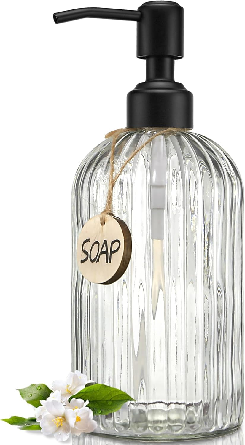18 Oz Clear Glass Soap Dispenser with Rust Proof Stainless Steel Pump, Refillable Liquid Hand Soap Dispenser for Bathroom, Premium Kitchen Soap Dispenser (Clear).