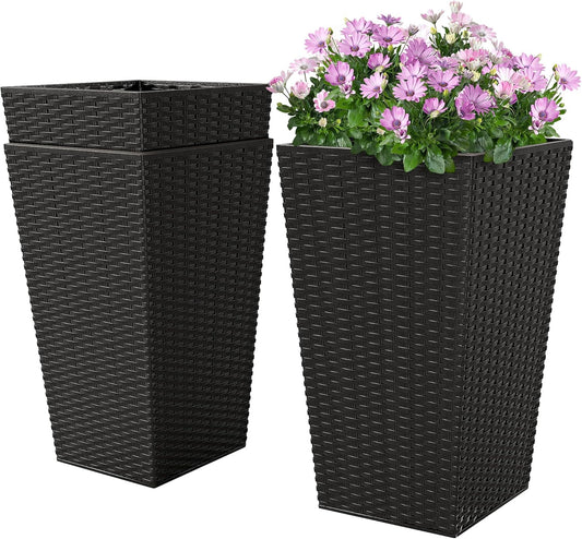 Tall Planters for Outdoor Plants Set of 3, 24 in Taper Planters with Drainage Holes, Rattan Decor Plant Pots for Indoor Outdoor Front Porch Patio Backyard, Black