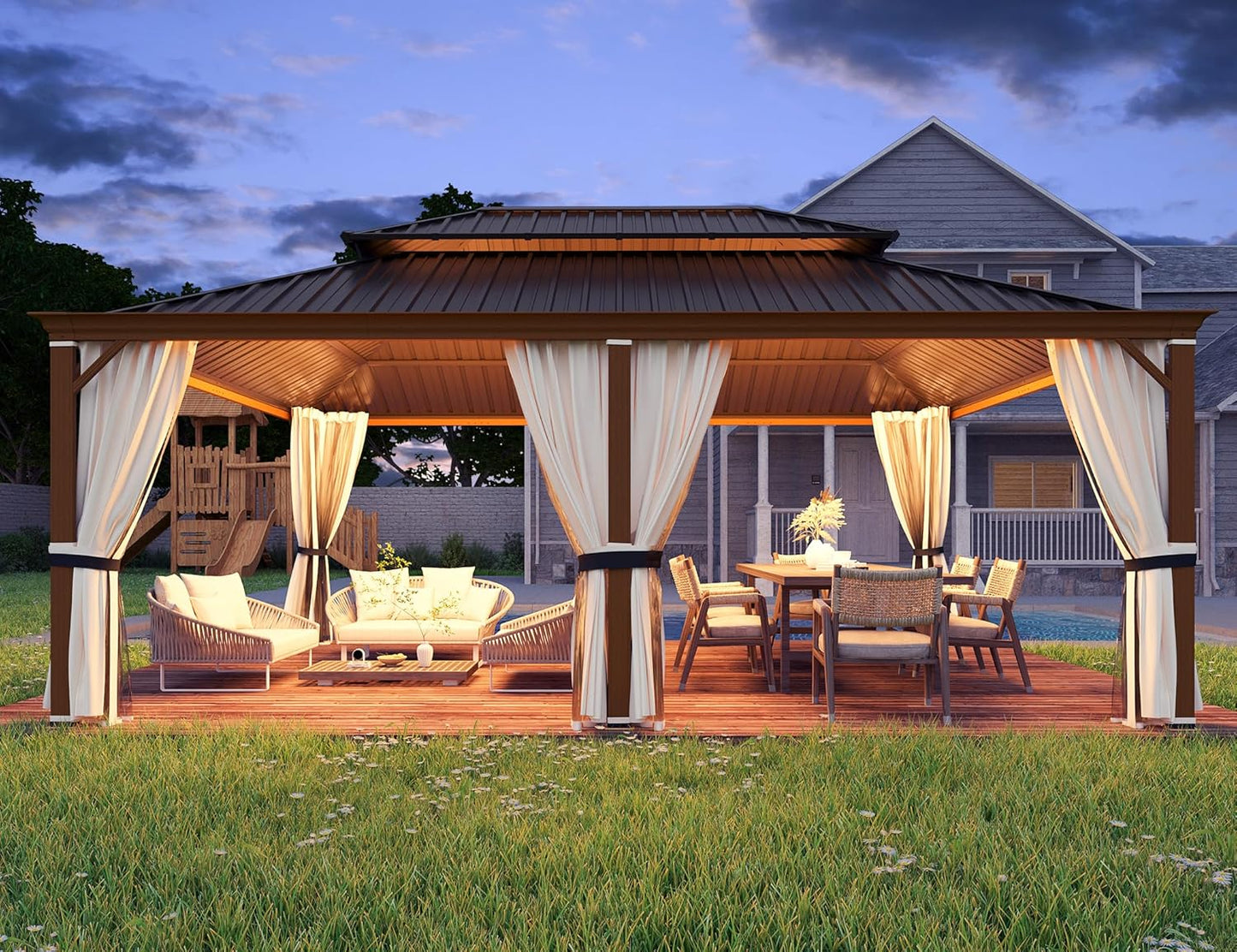 10' X 12' Hardtop Gazebo, Metal Gazebo with Aluminum Frame, Double Galvanized Steel Roof, Curtains and Netting Included, Pergolas for Patios, Garden, Parties, Lawns