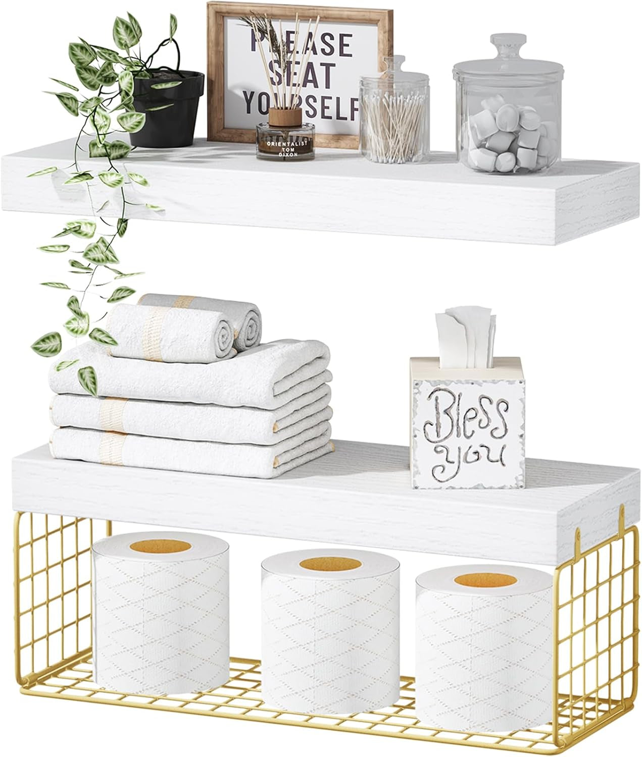 Bathroom Shelves over Toilet - Wall Mounted Floating Shelves Toilet Paper Storage Small Farmhouse Decor Shelf 16 Inch Set of 2, Rustic Brown (019-BN2)